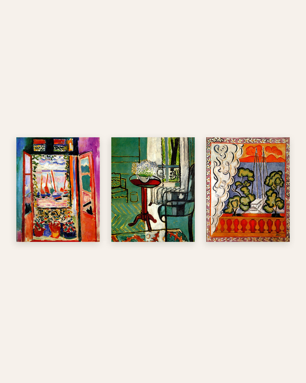 Matisse posters, set van 3: ramen in Collioure, met vergeet-mij-nietjes en op Tahiti, zonder lijst