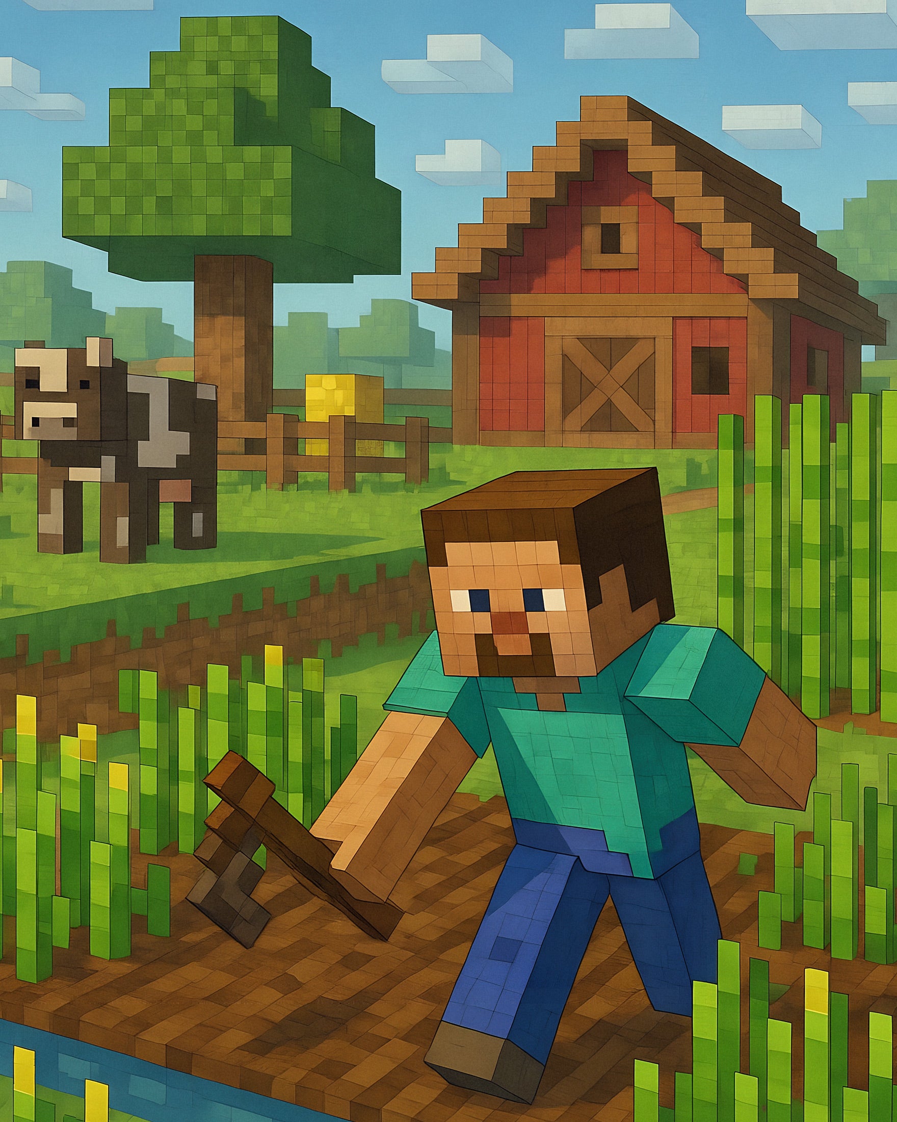 Minecraft Boerderijscène – velden, schuur & gewassen poster