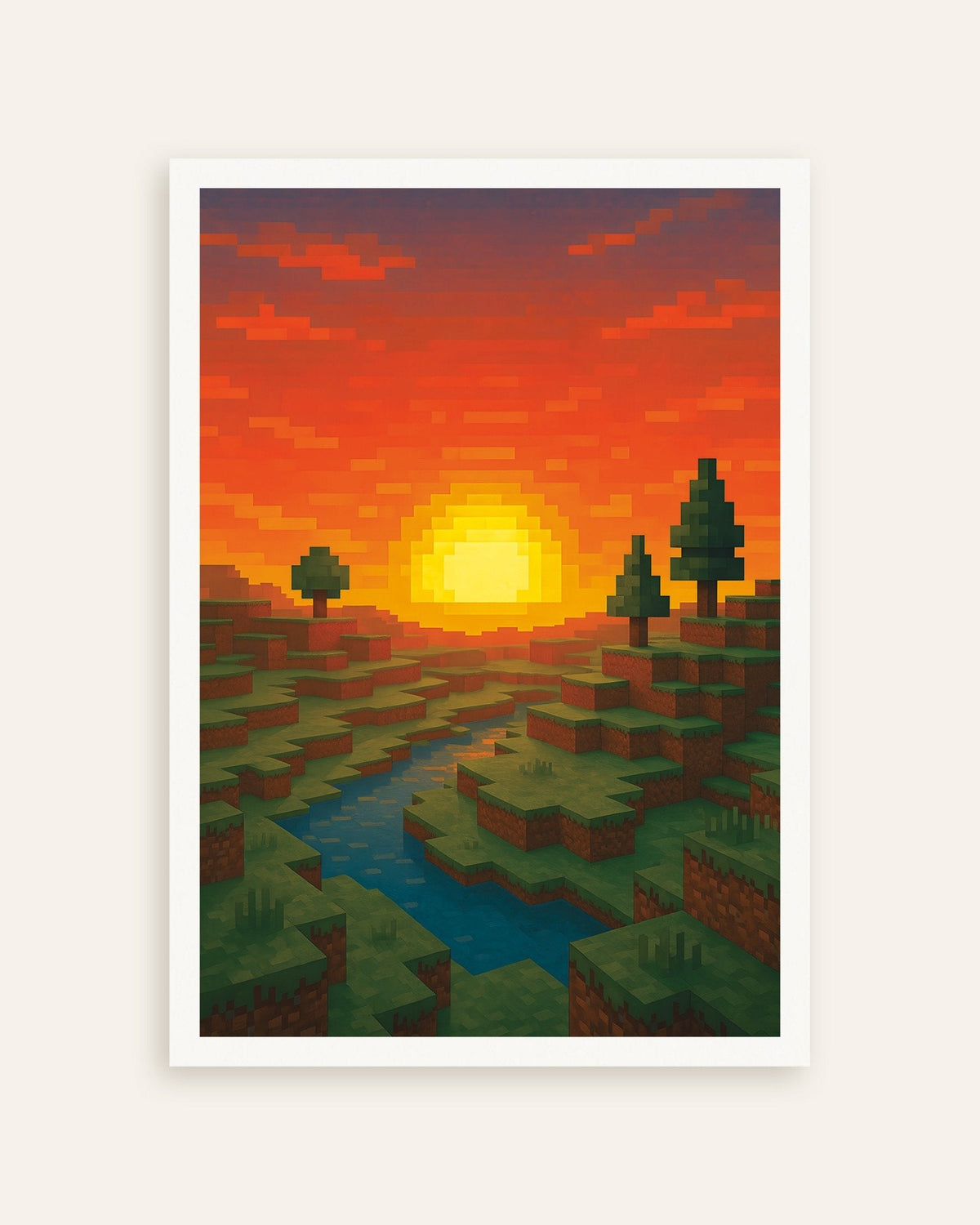 Zonsondergang, pixelposter voor kunstliefhebbers met een rivier en bomen, miniatuur