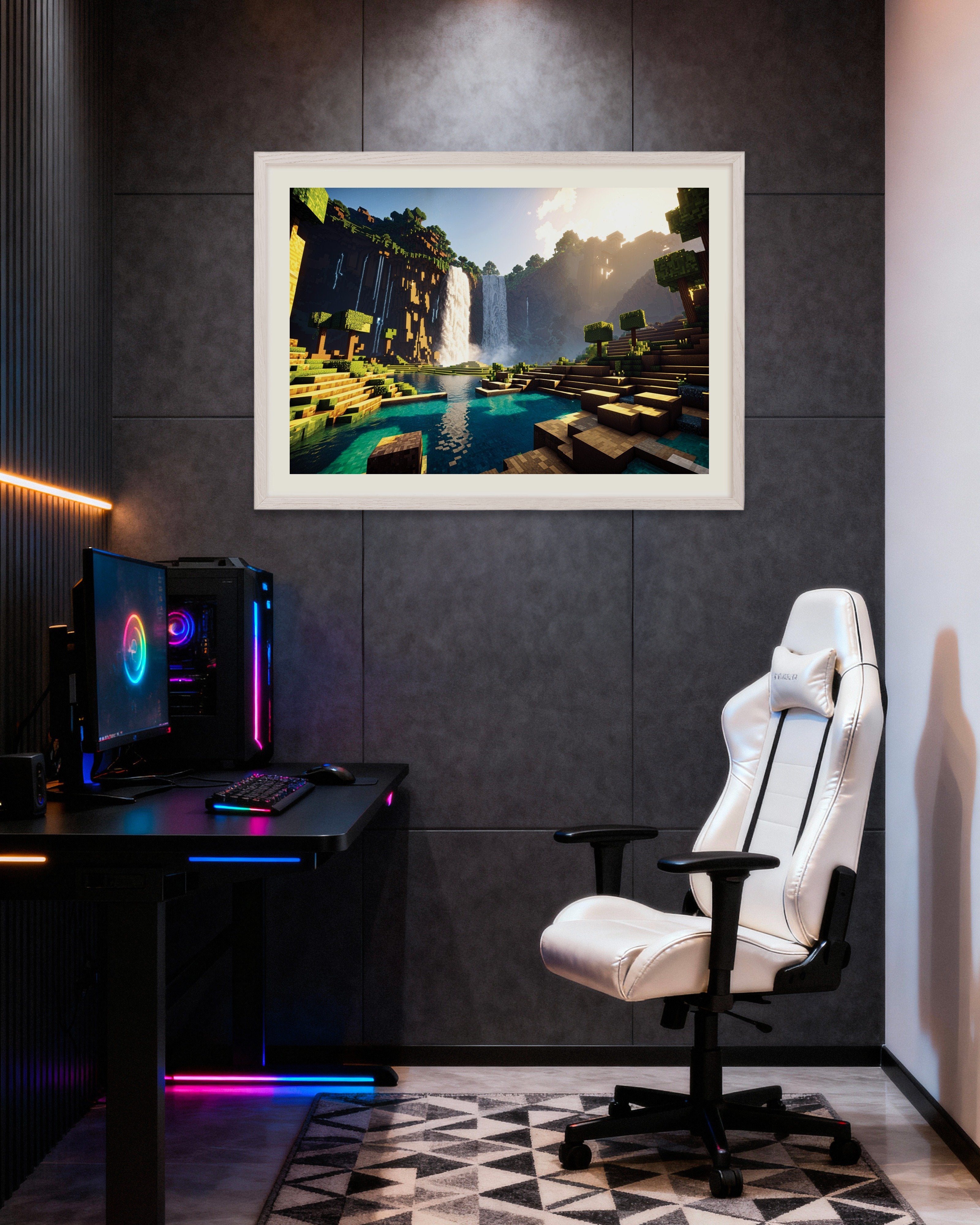 Poster of Minecraft waterfall landscape print, with white wooden frame