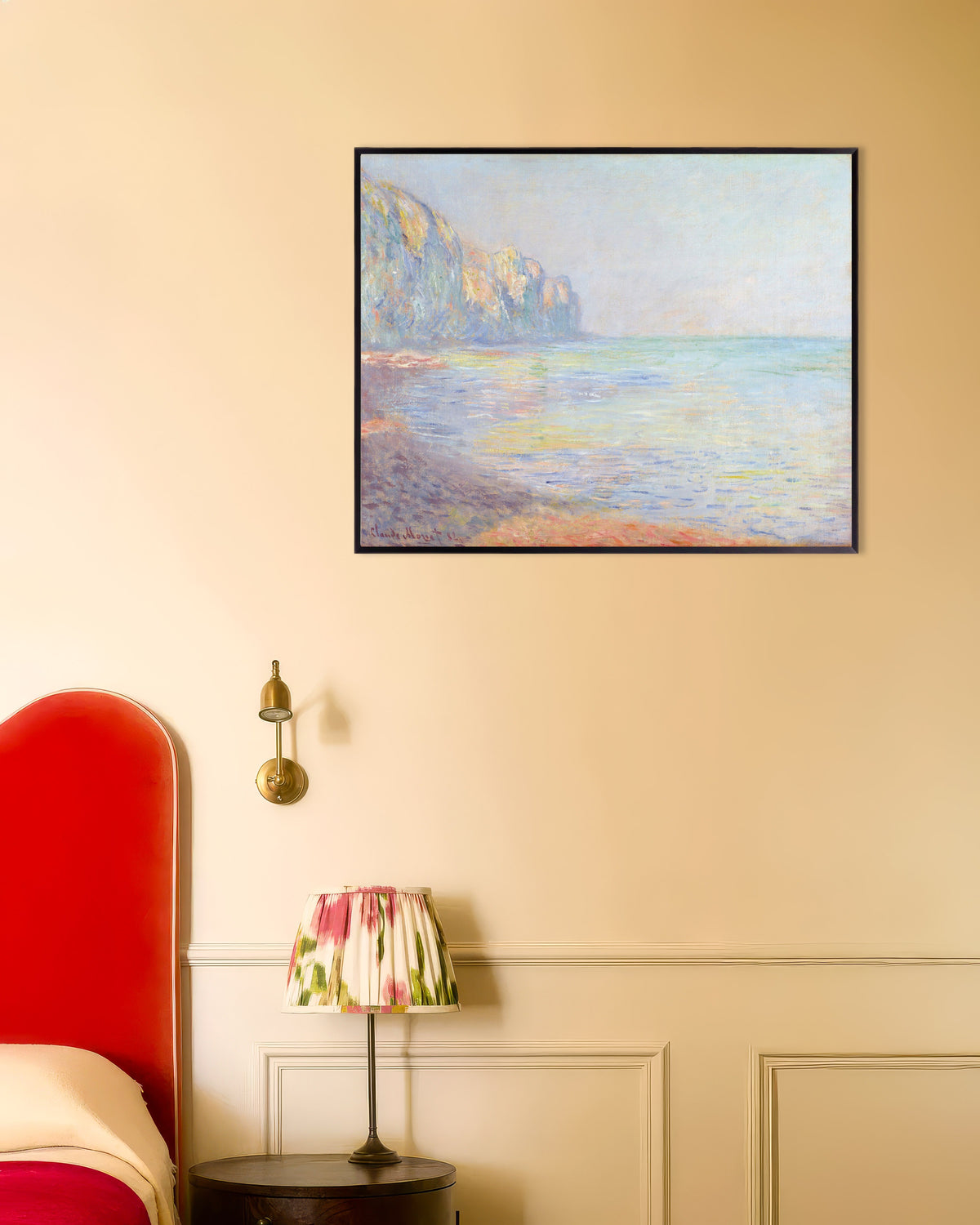 Poster Nevelige ochtend bij Pourville (1882) van Claude Monet met metalen lijst