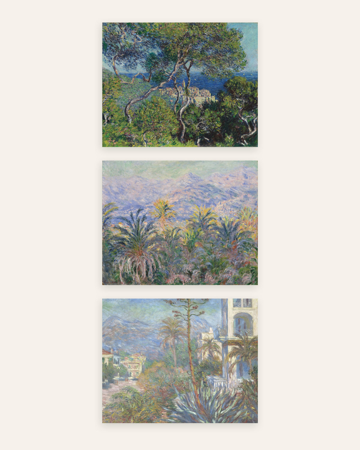 Monet Bordighera posters, set van 3: dennen, palmen en villa’s aan de Riviera, zonder lijst