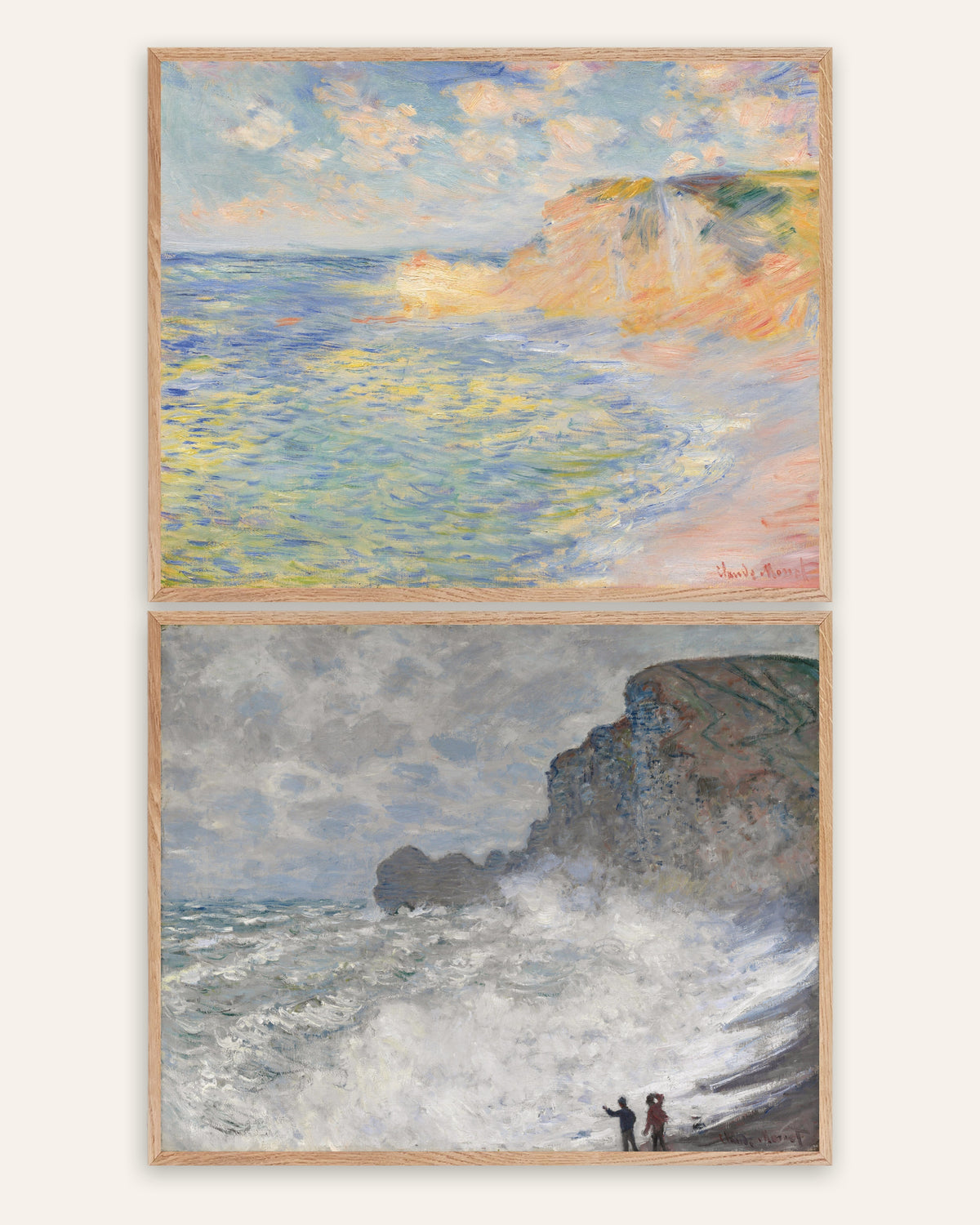 Monet Étretat posters, set van 2: Falaise d’Amont en storm, in naturel eikenhouten lijsten
