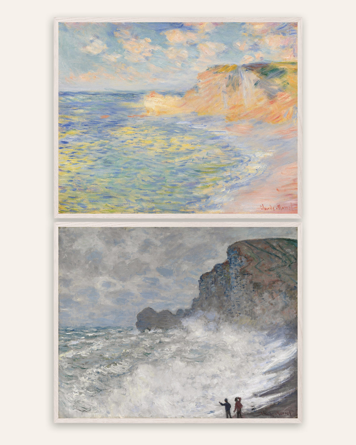 Monet Étretat posters, set van 2: Falaise d’Amont en storm, in witte eikenhouten lijsten