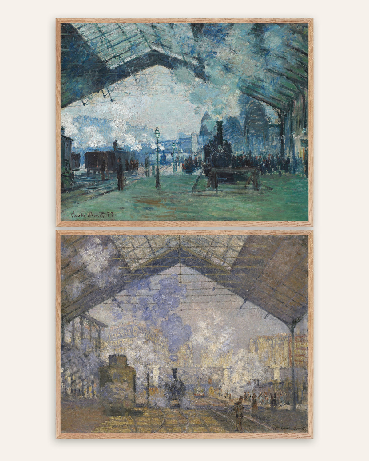 Monet Gare Saint-Lazare posters, set van 2: stoom en treinen, in naturel eikenhouten lijsten