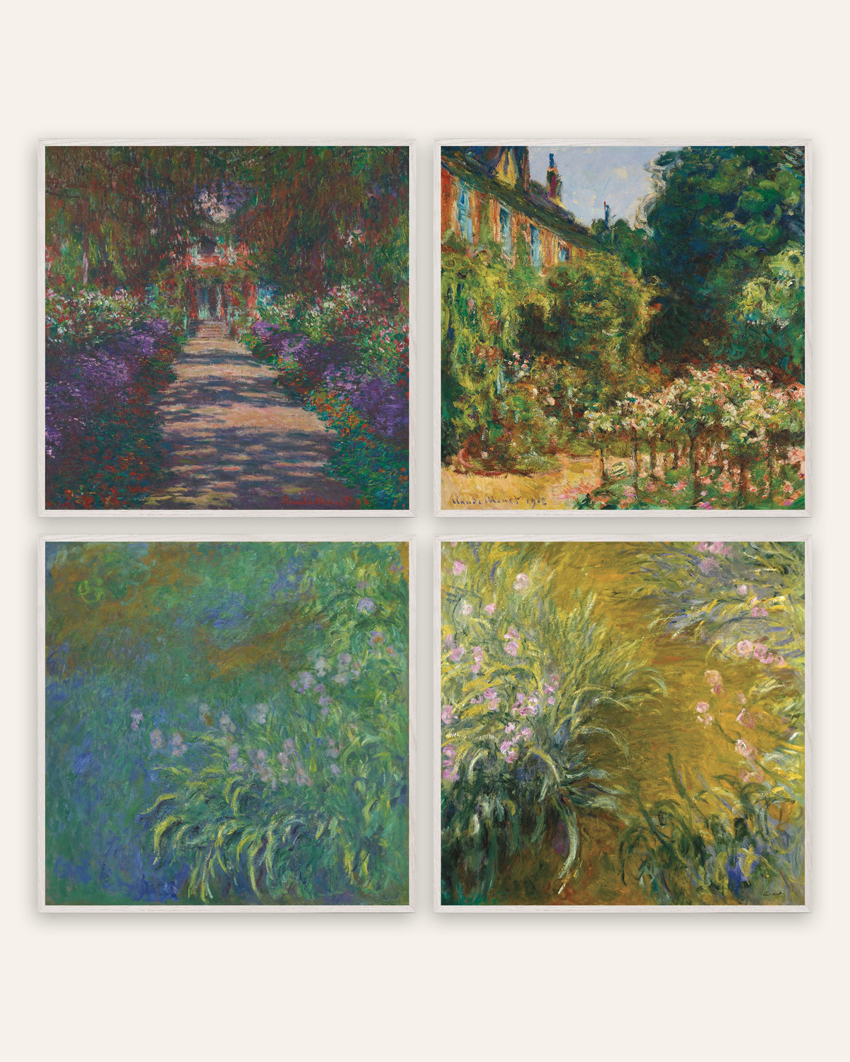Monet tuin van Giverny posters, set van 4: laan, huis en irissen, in witte eikenhouten lijsten
