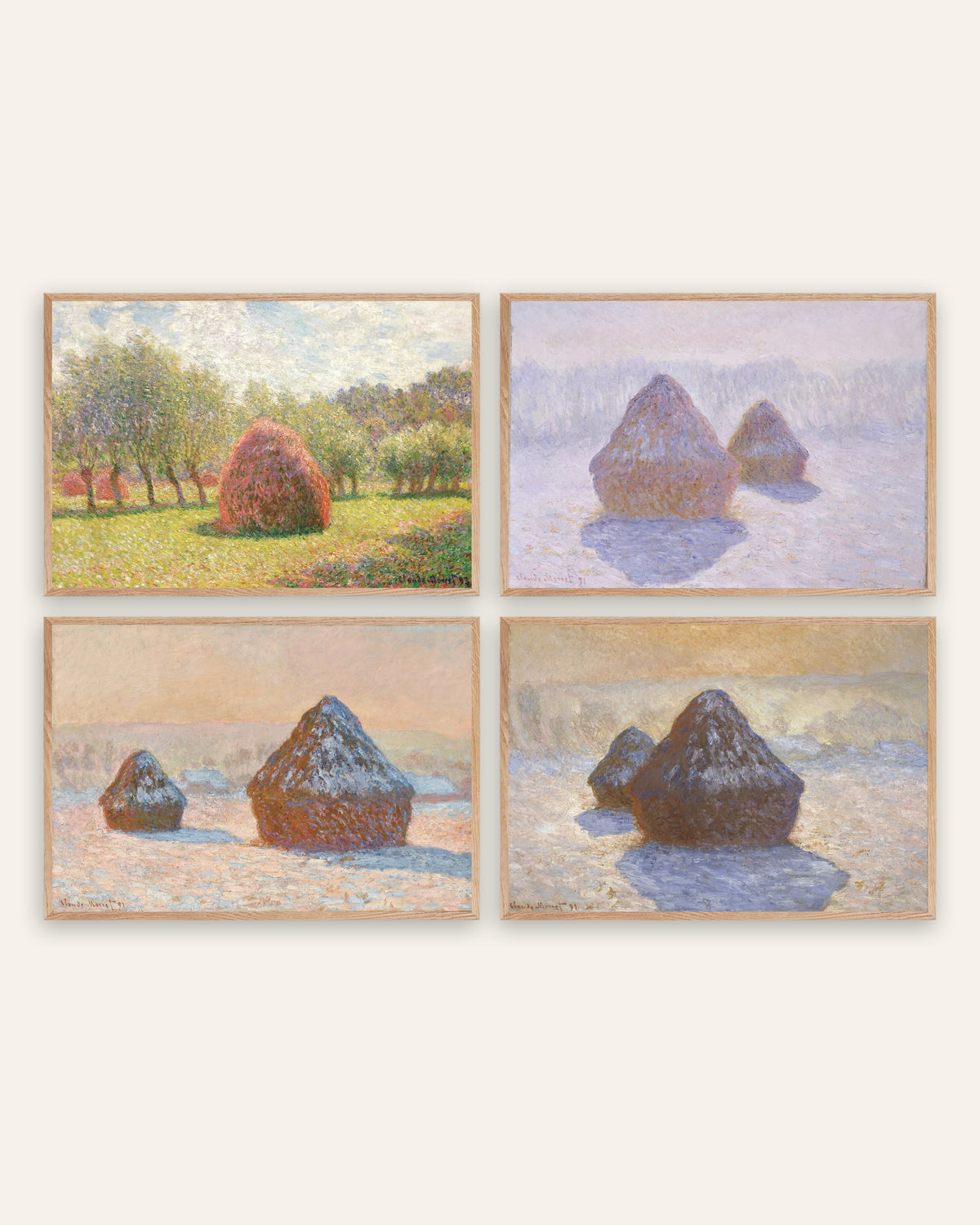 Monet graanschelven posters, set van 4: van zomer tot sneeuw, in naturel eikenhouten lijsten