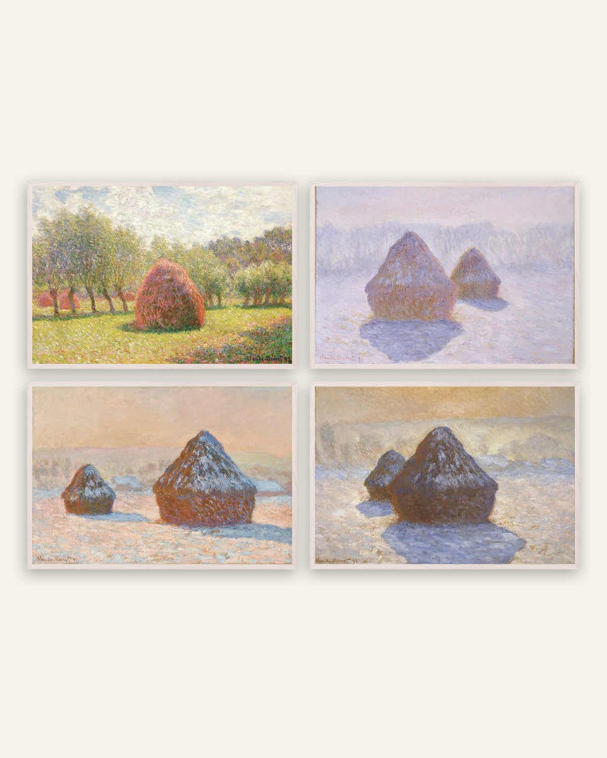 Monet graanschelven posters, set van 4: van zomer tot sneeuw, in witte eikenhouten lijsten