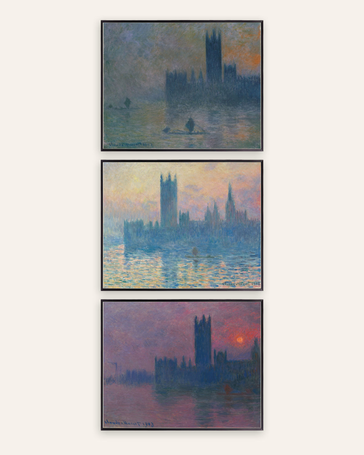 Monet Londens parlement posters, set van 3: mist en zonsondergang, in zwarte metalen lijsten