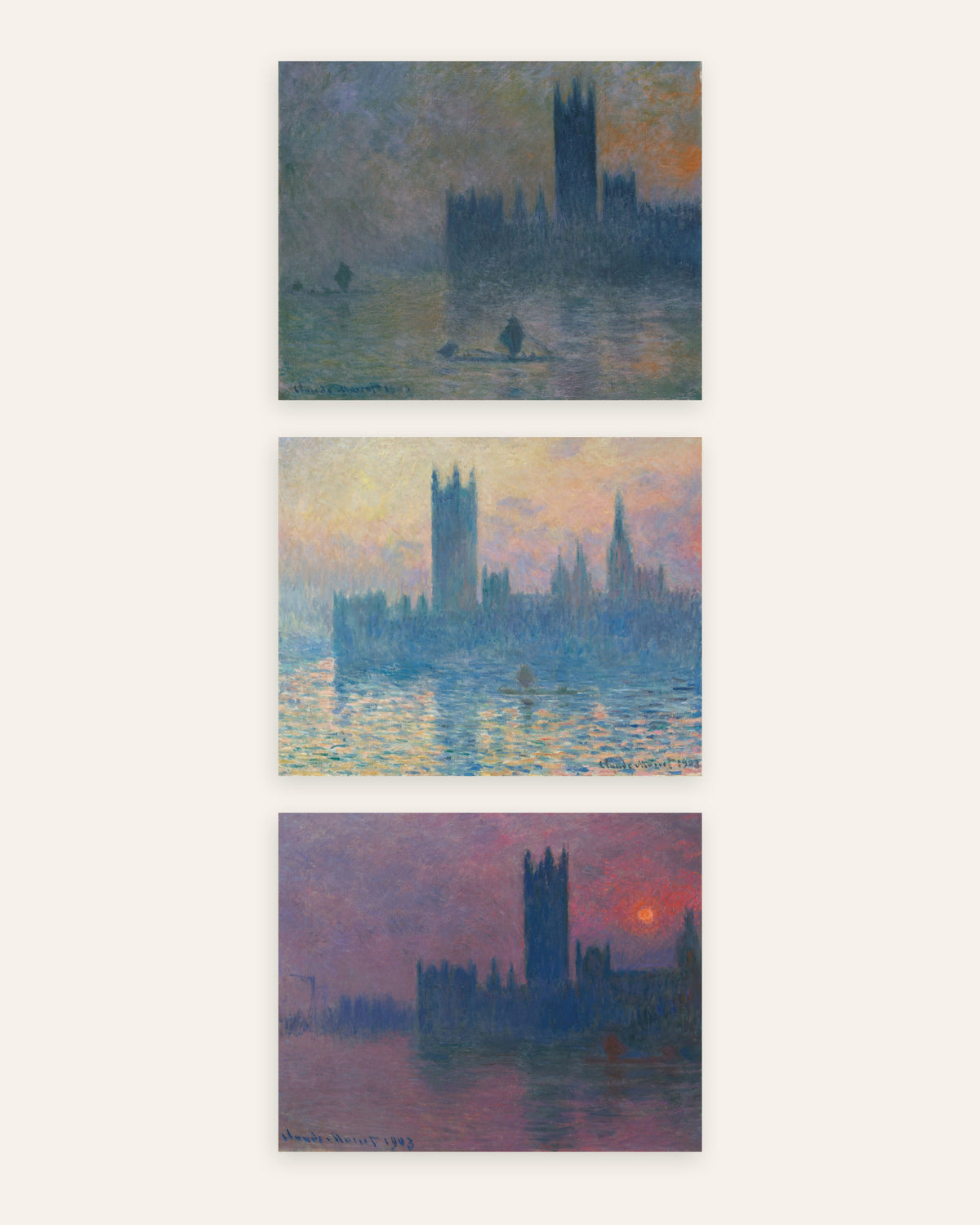 Monet Londens parlement posters, set van 3: mist en zonsondergang, zonder lijst