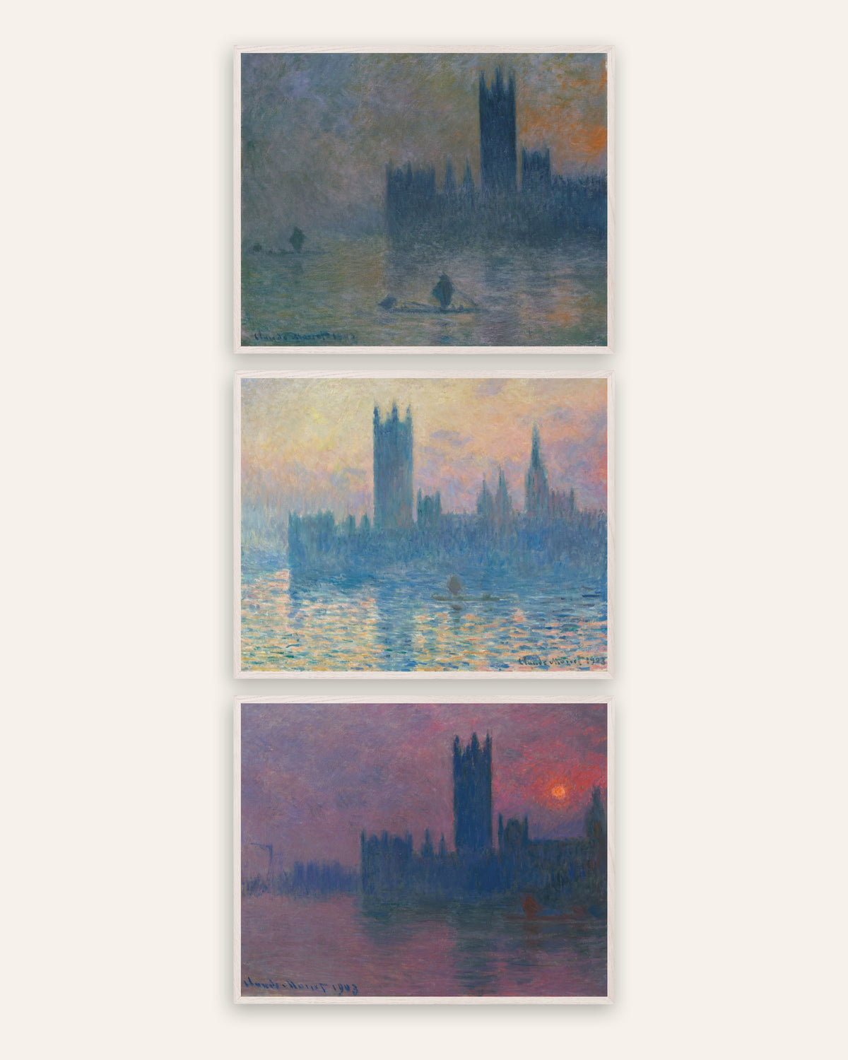Monet Londens parlement posters, set van 3: mist en zonsondergang, in witte eikenhouten lijsten