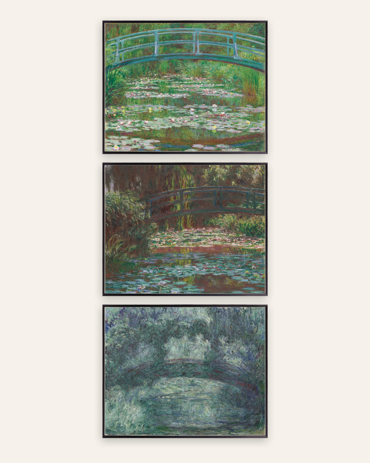 Monet Japanse brug posters, set van 3: Giverny, 1899 tot 1924, in zwarte metalen lijsten
