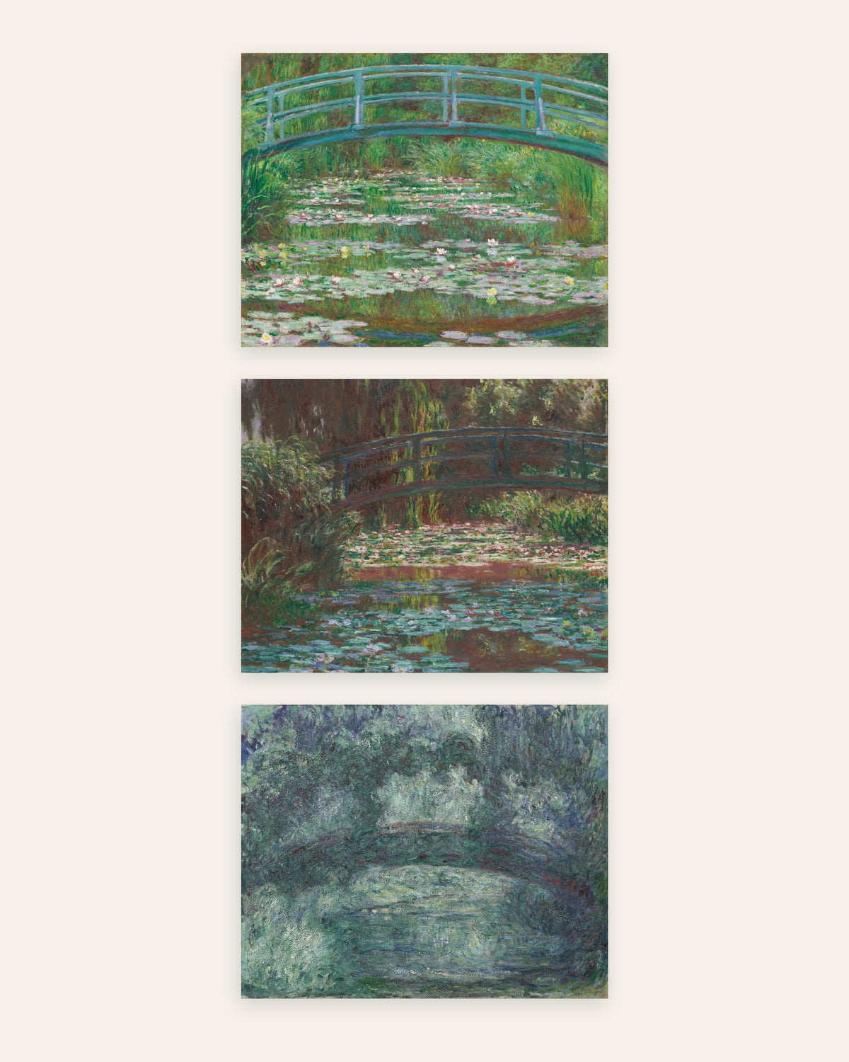 Monet Japanse brug posters, set van 3: Giverny, 1899 tot 1924, zonder lijst