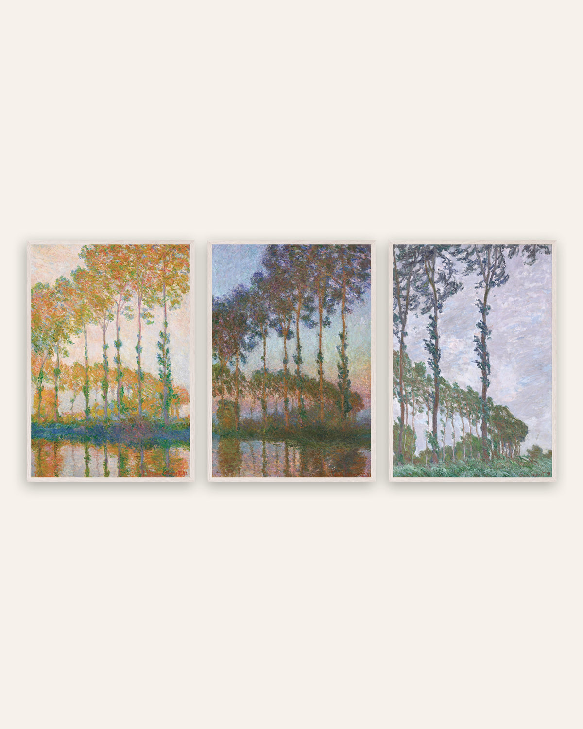 Monet populieren posters, set van 3: herfst, schemering en wind, in witte eikenhouten lijsten