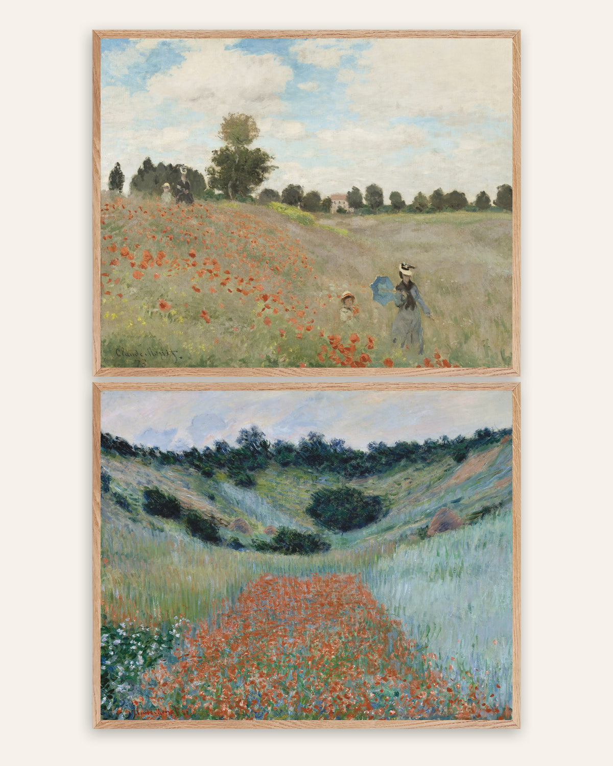 Monet klaprozen posters, set van 2: Argenteuil en Giverny, in naturel eikenhouten lijsten