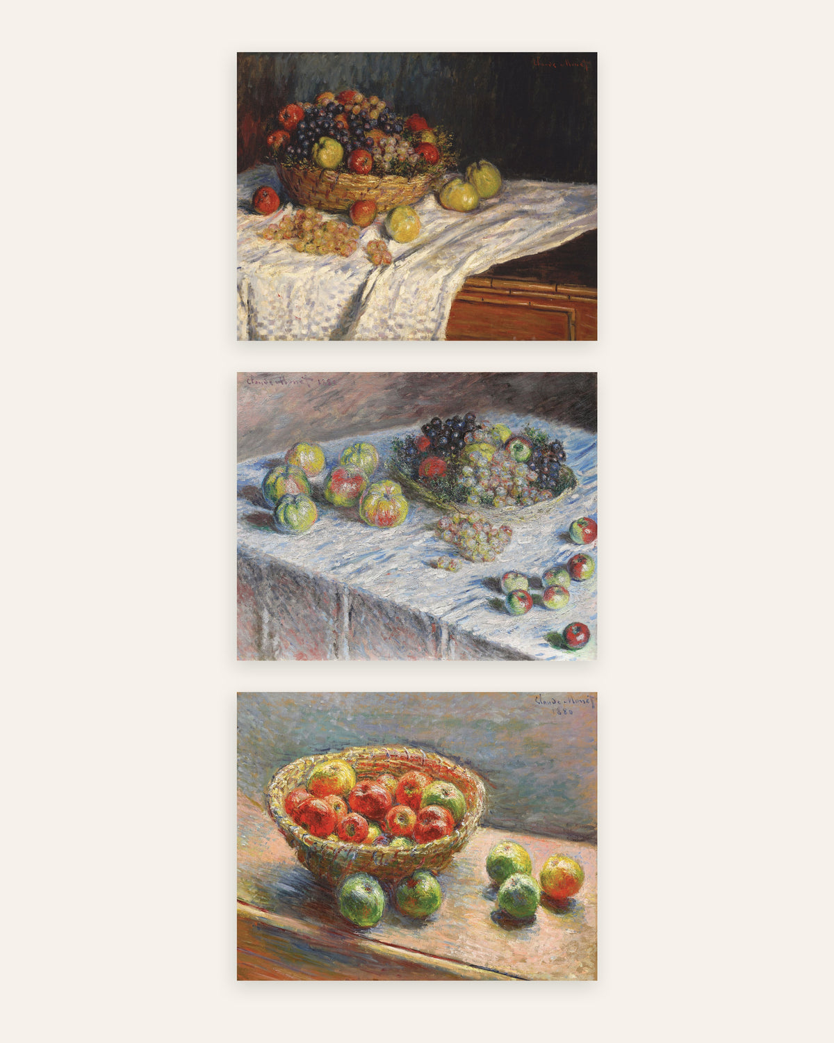 Monet stillevens posters, set van 3: appels, druiven en mand, zonder lijst