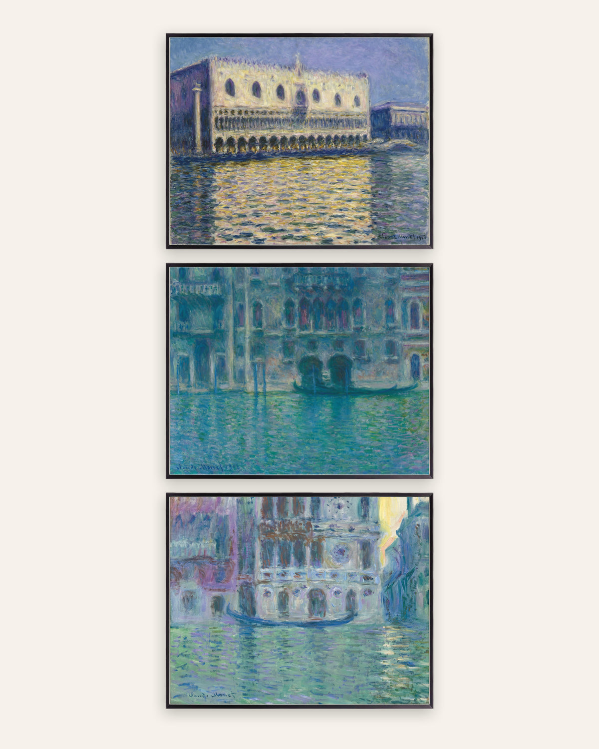 Monet Venetië posters, set van 3: Dogenpaleis, Palazzo da Mula en Dario, in zwarte metalen lijsten