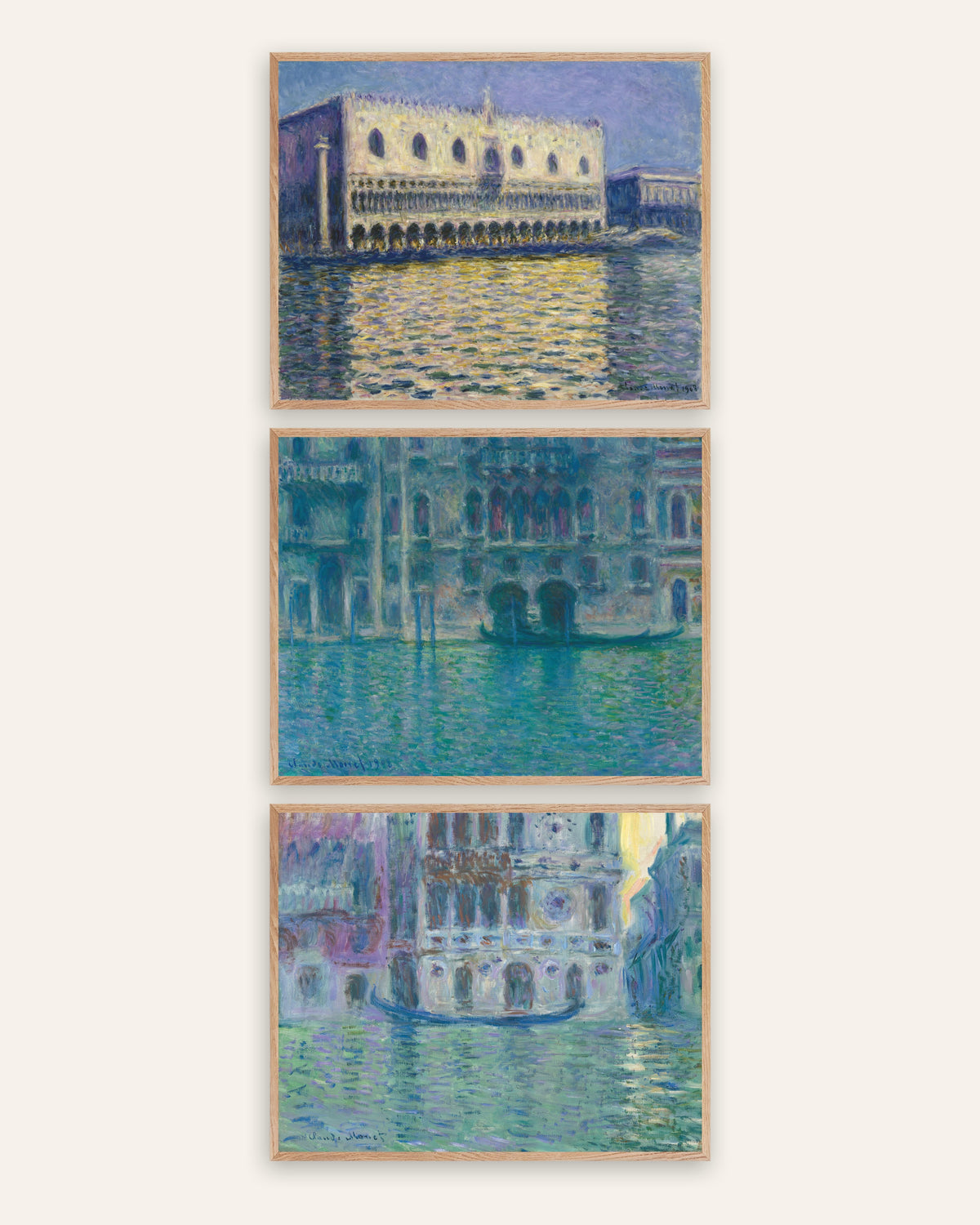 Monet Venetië posters, set van 3: Dogenpaleis, Palazzo da Mula en Dario, in naturel eikenhouten lijsten