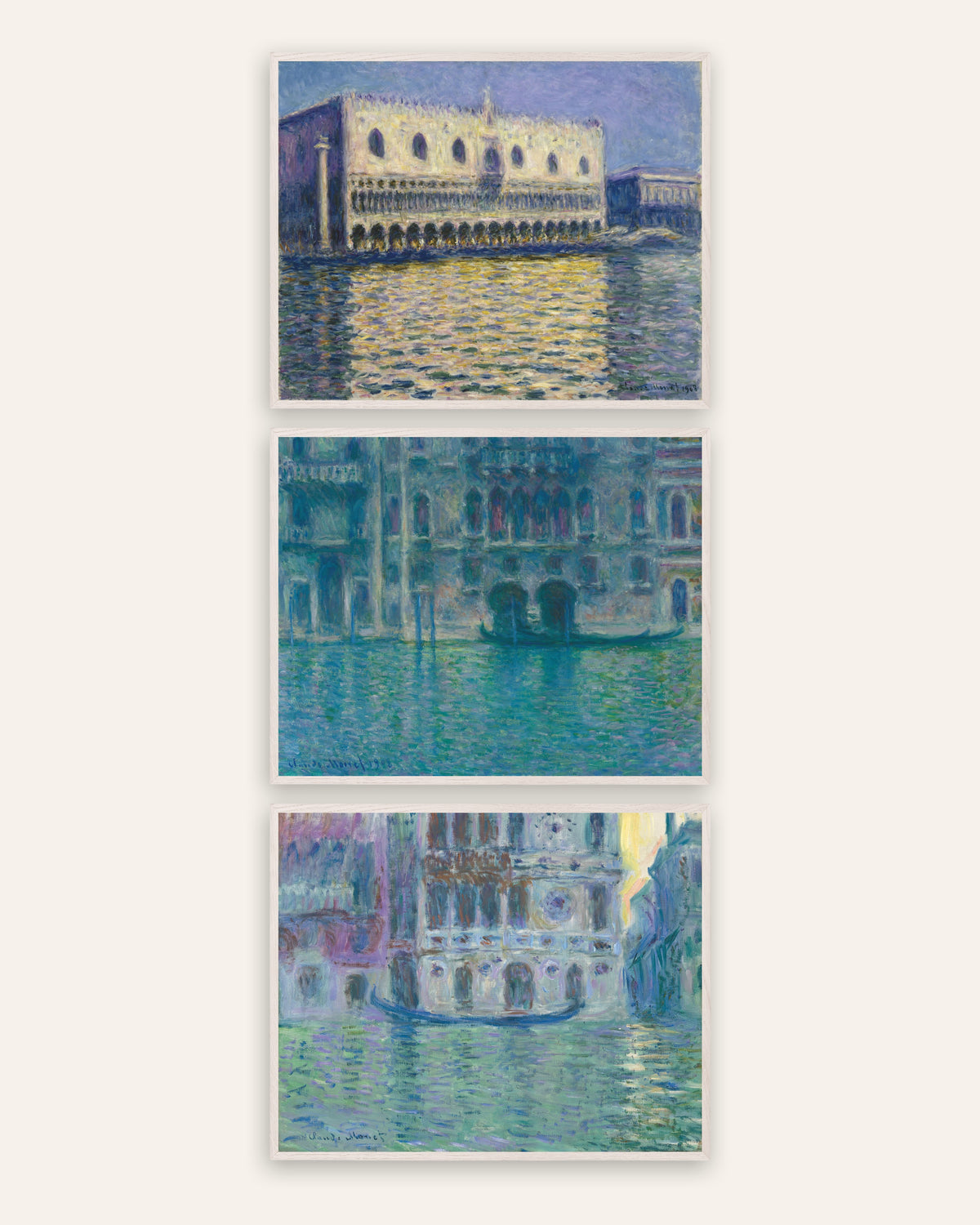 Monet Venetië posters, set van 3: Dogenpaleis, Palazzo da Mula en Dario, in witte eikenhouten lijsten