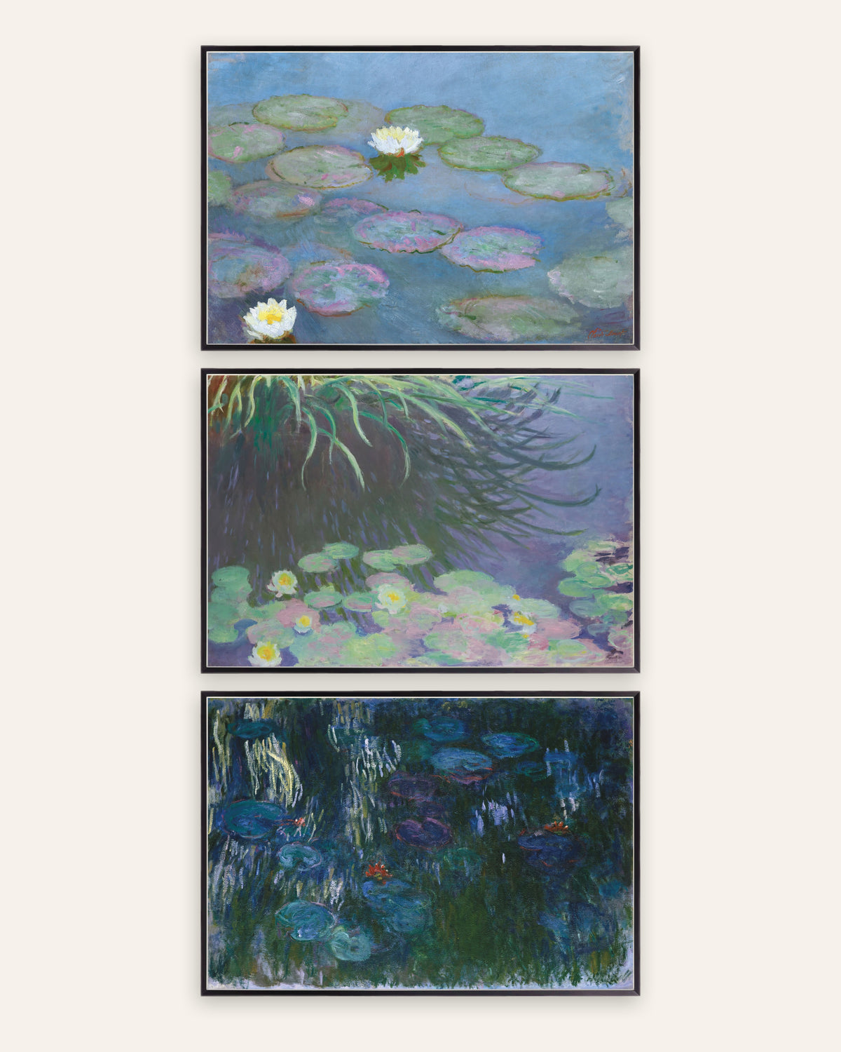Monet waterlelies posters, set van 3: vroege en late panorama’s, in zwarte metalen lijsten