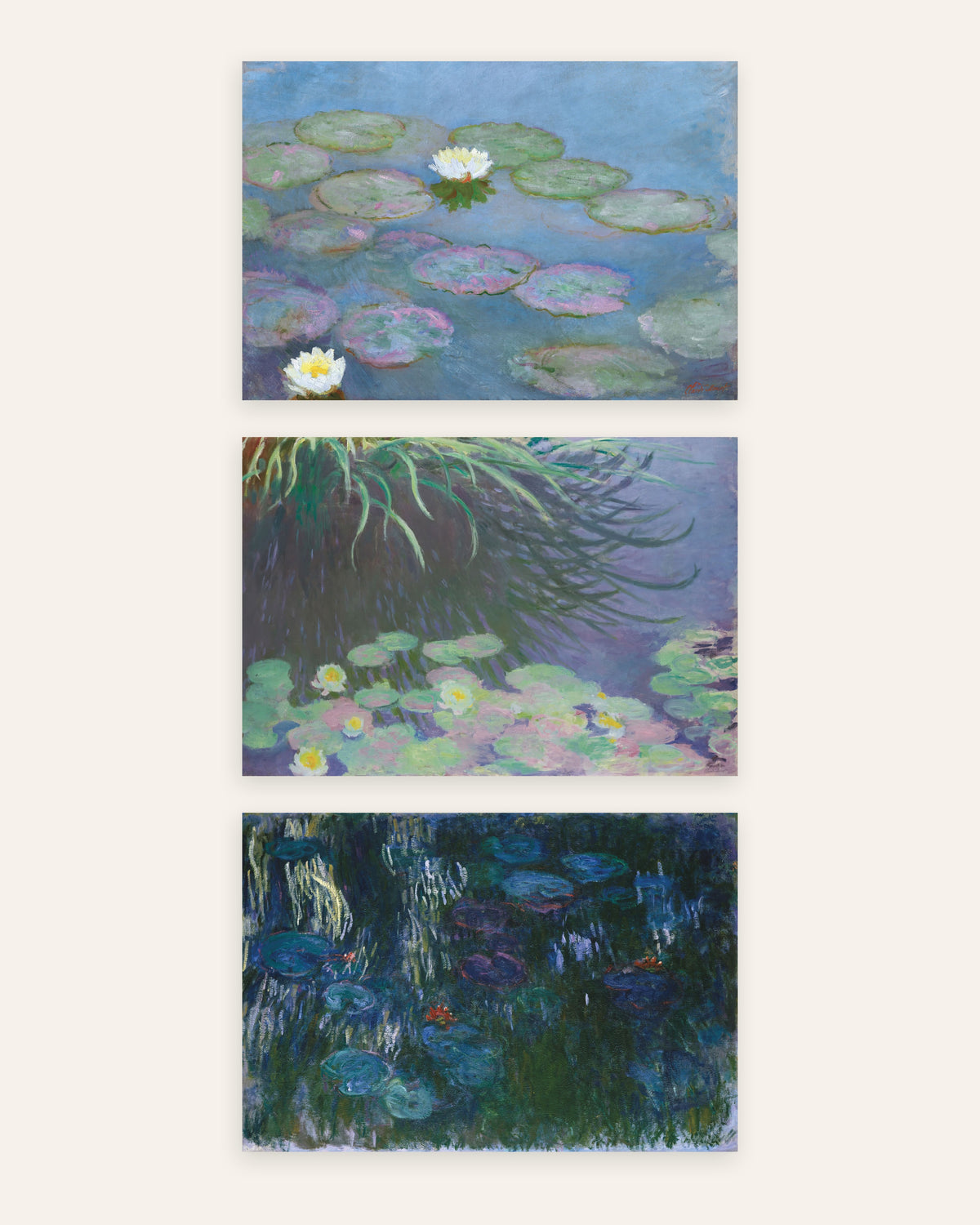 Monet waterlelies posters, set van 3: vroege en late panorama’s, zonder lijst