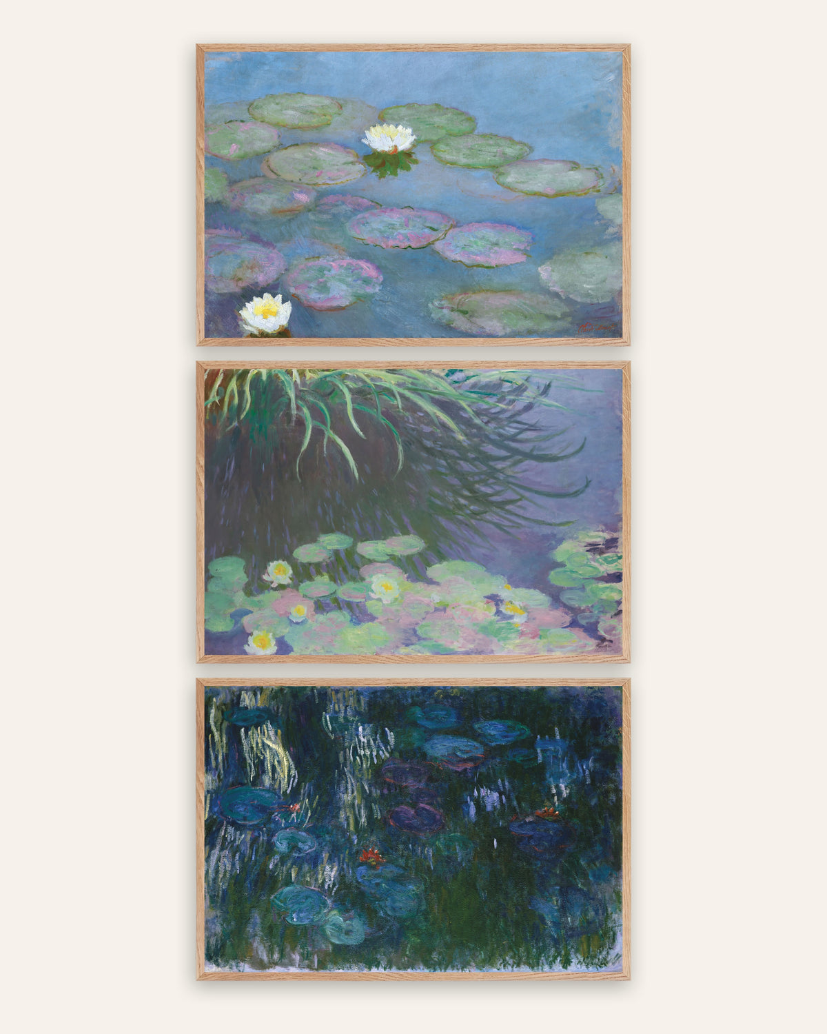 Monet waterlelies posters, set van 3: vroege en late panorama’s, in naturel eikenhouten lijsten