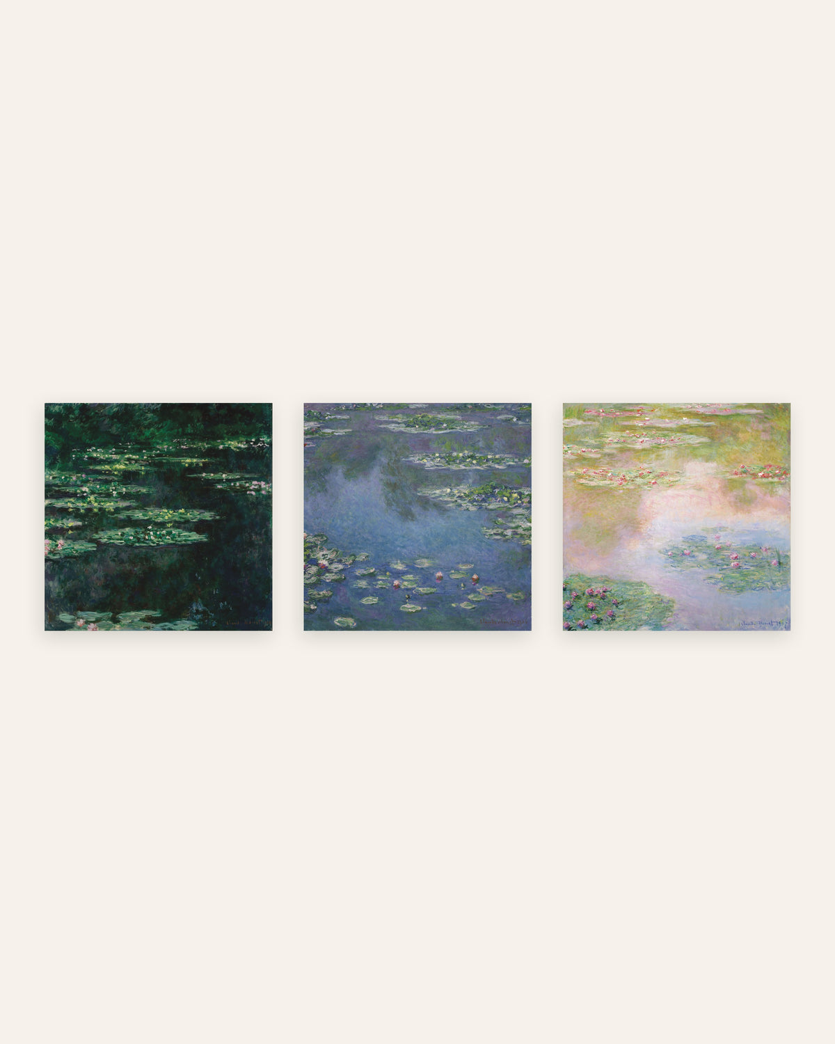 Monet waterlelies posters, set van 3: vierkante gezichten op de vijver, zonder lijst