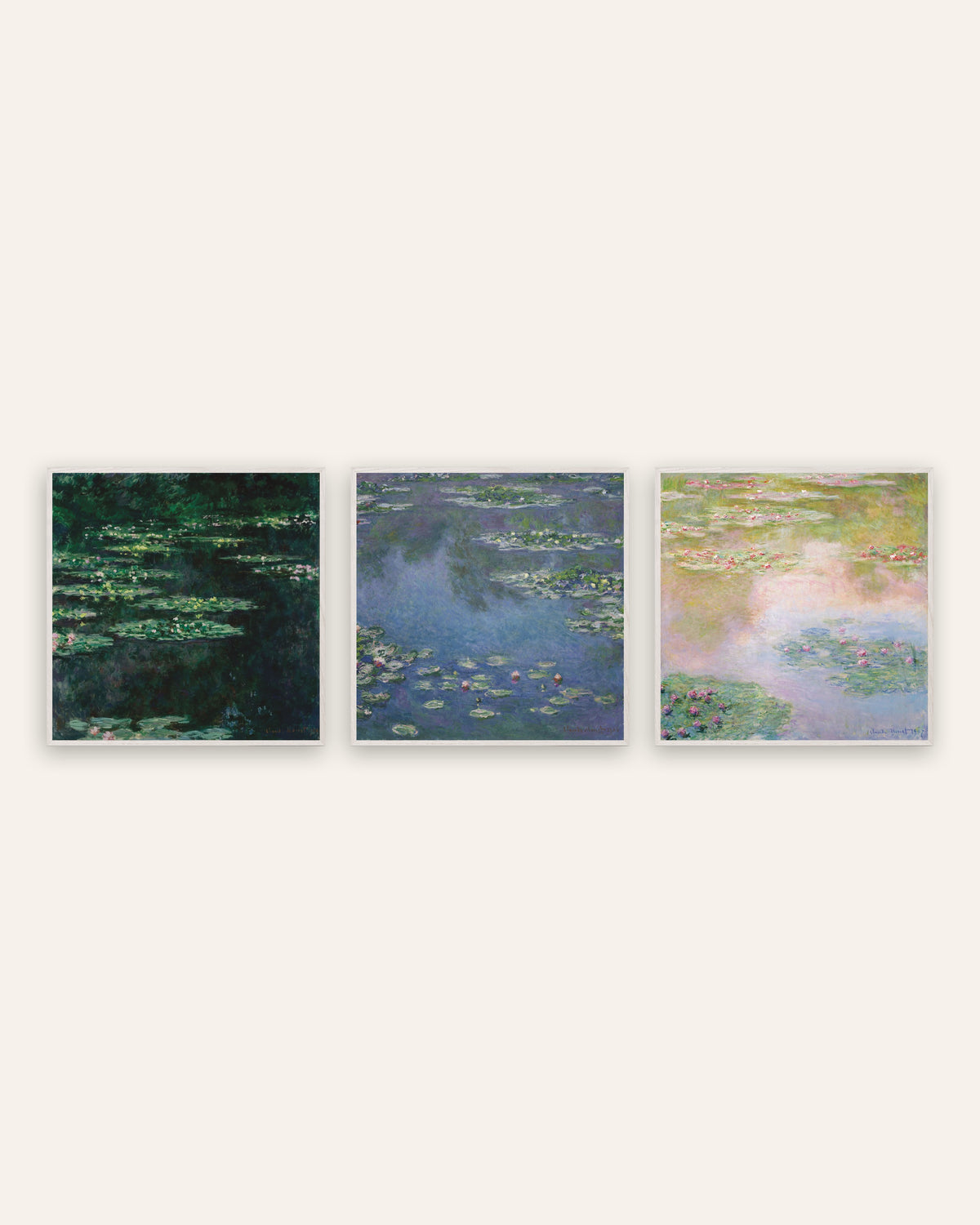 Monet waterlelies posters, set van 3: vierkante gezichten op de vijver, in witte eikenhouten lijsten