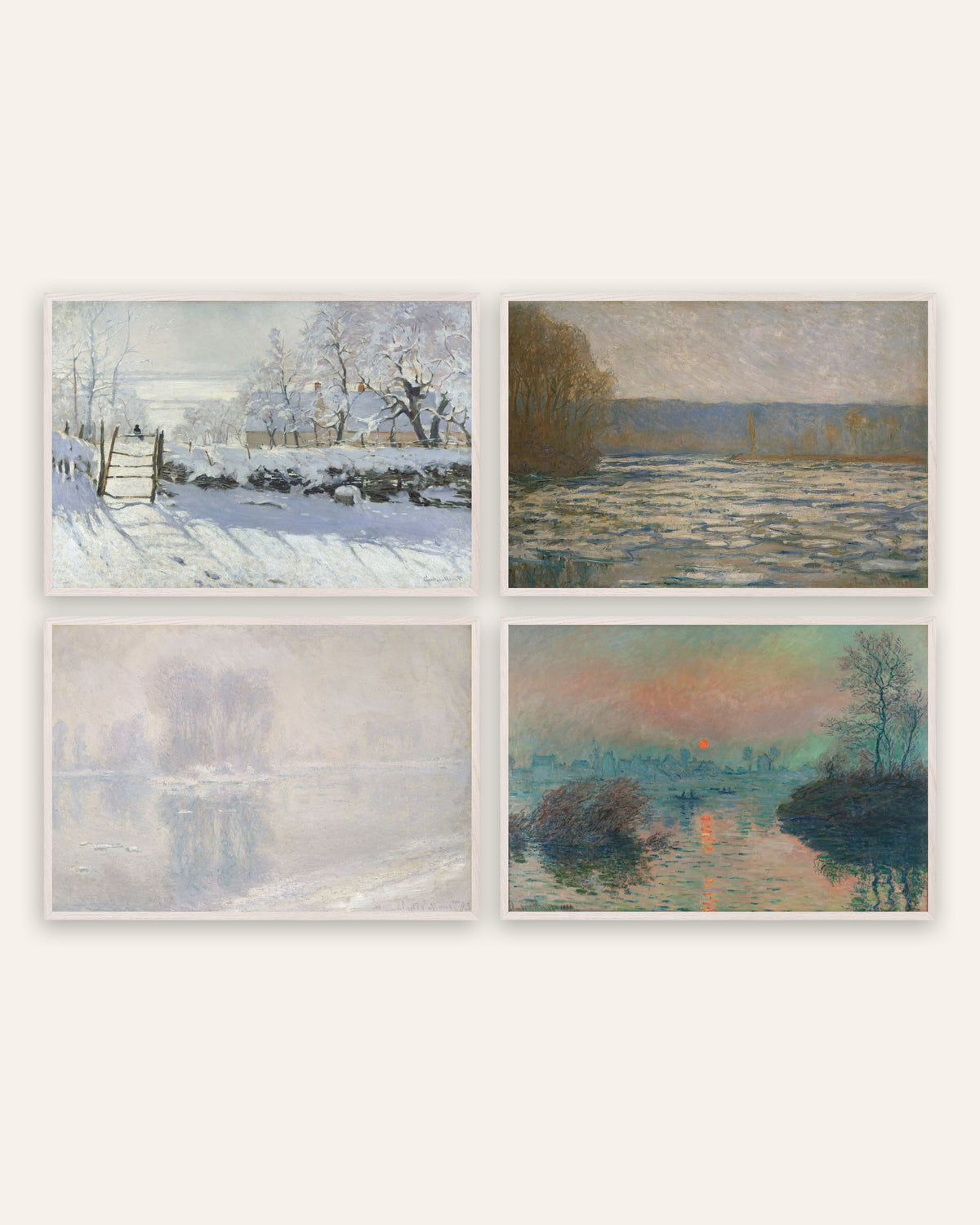 Monet winter posters, set van 4: De ekster, ijs en winterzon, in witte eikenhouten lijsten