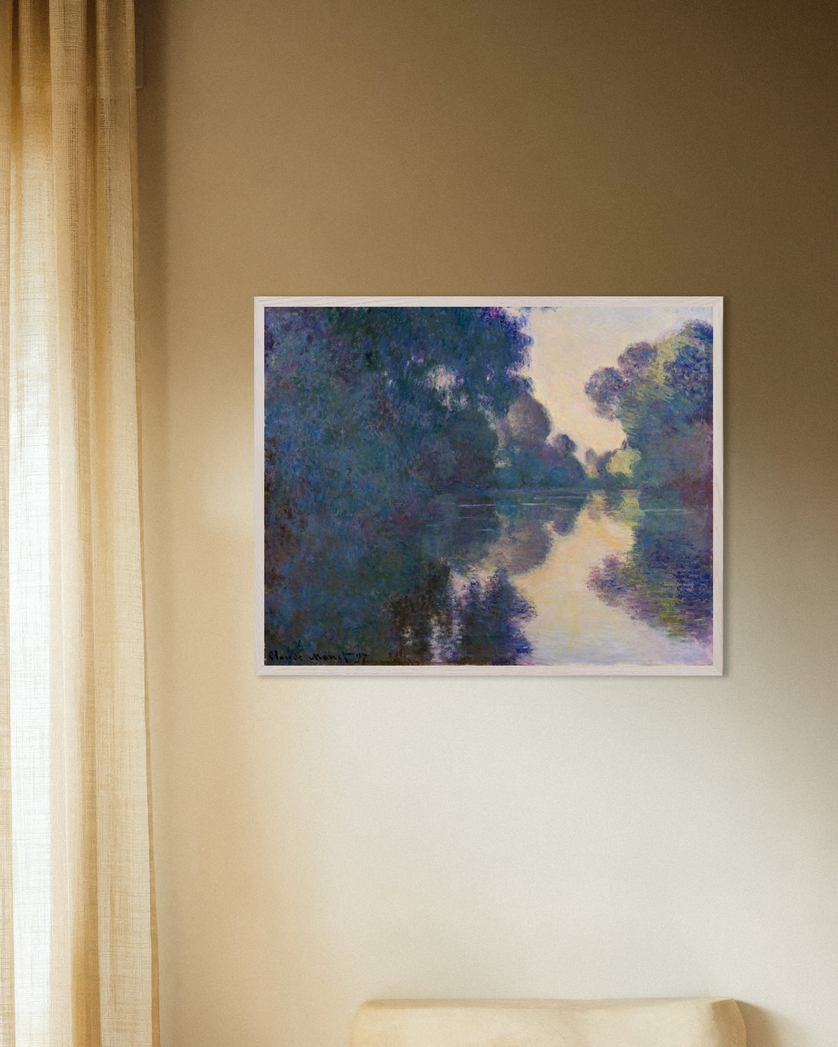 Poster Ochtend aan de Seine bij Giverny (1897) van Claude Monet met witte houten lijst
