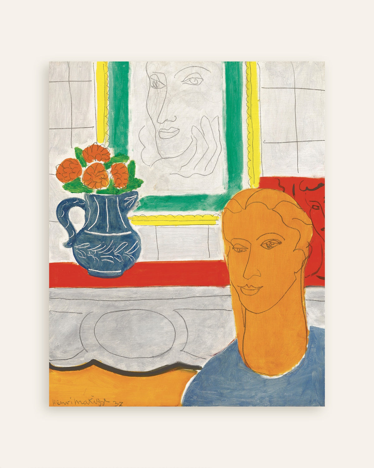 Poster van Okerkleurig hoofd (Figuur en boeket) (1937) van Henri Matisse, miniatuur