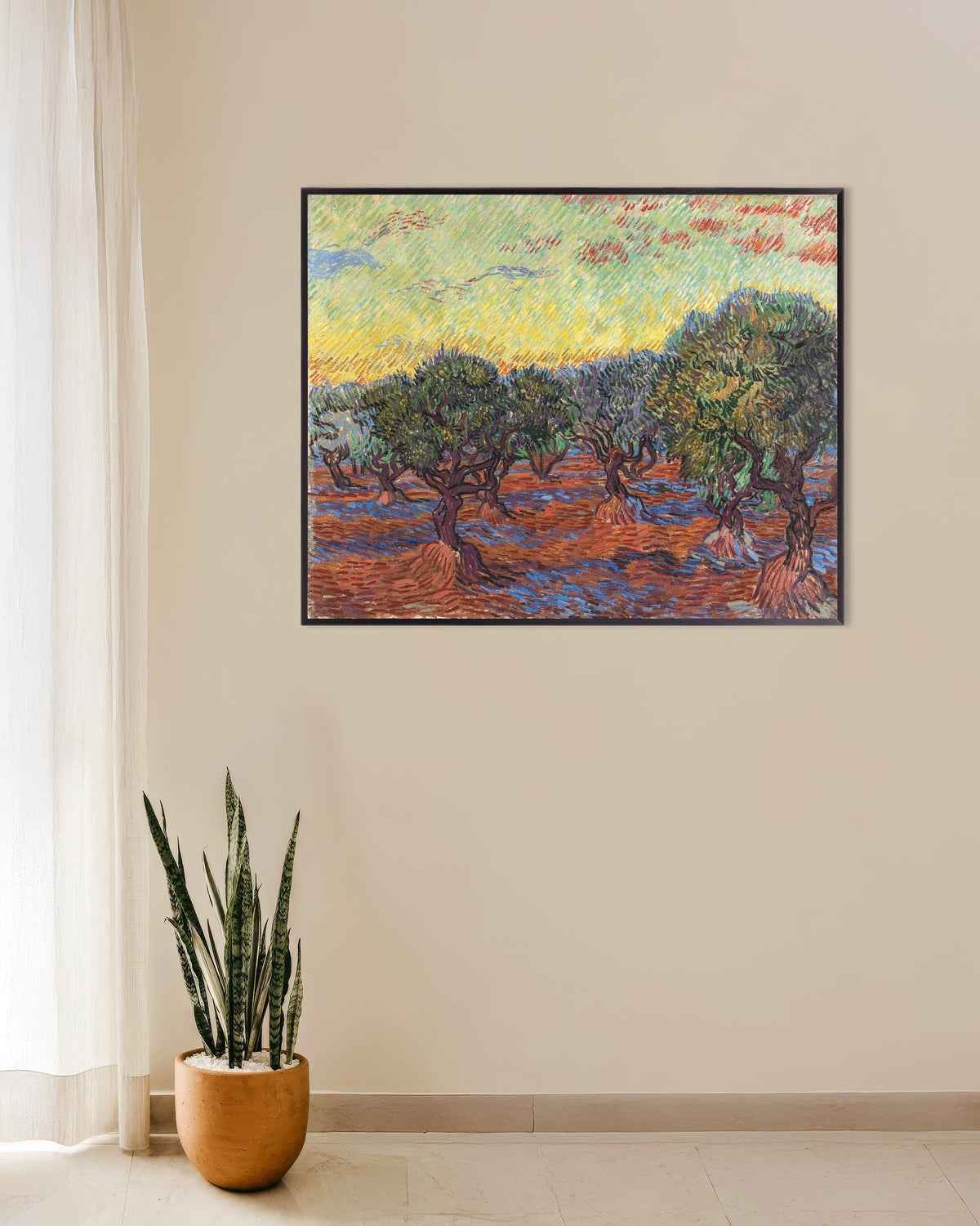 Poster van Olijfgaard met oranje lucht (1889) van Vincent van Gogh, met metalen lijst