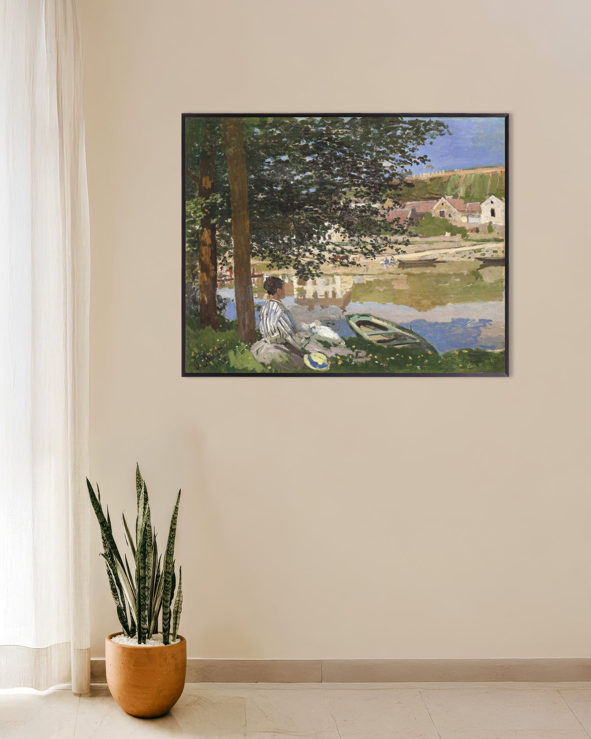 Poster Aan de oever van de Seine, Bennecourt (1868) van Claude Monet met metalen lijst