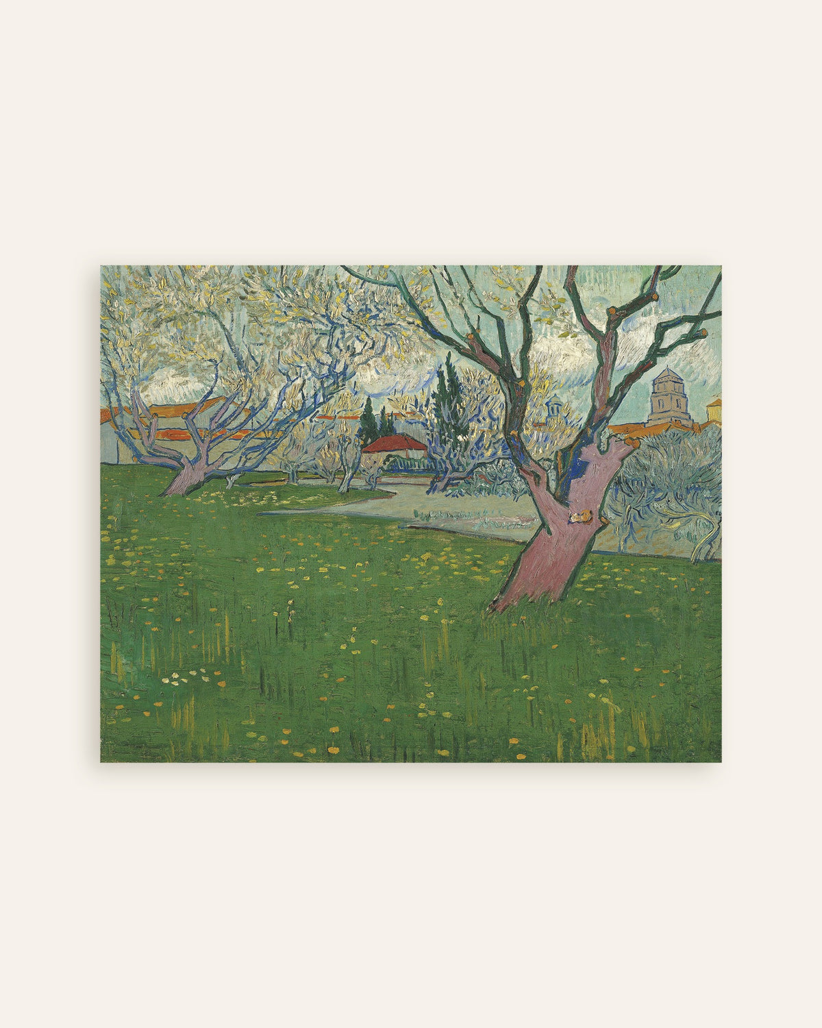 Poster van Boomgaard in bloei met uitzicht op Arles (1889) van Vincent van Gogh, miniatuur
