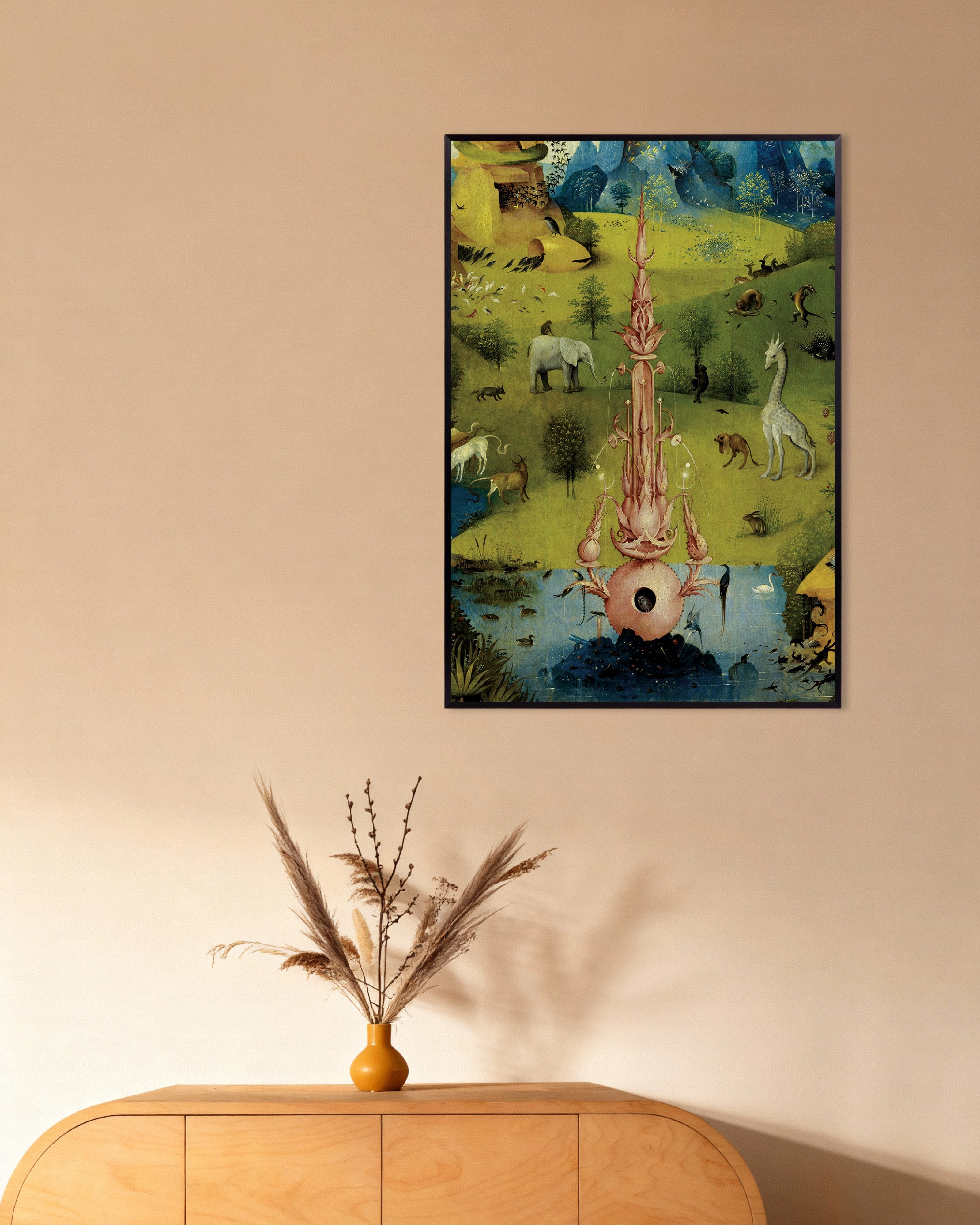 Poster of Pink fountain and animals - Detail from The Garden of Earthly Delights, with metal frame