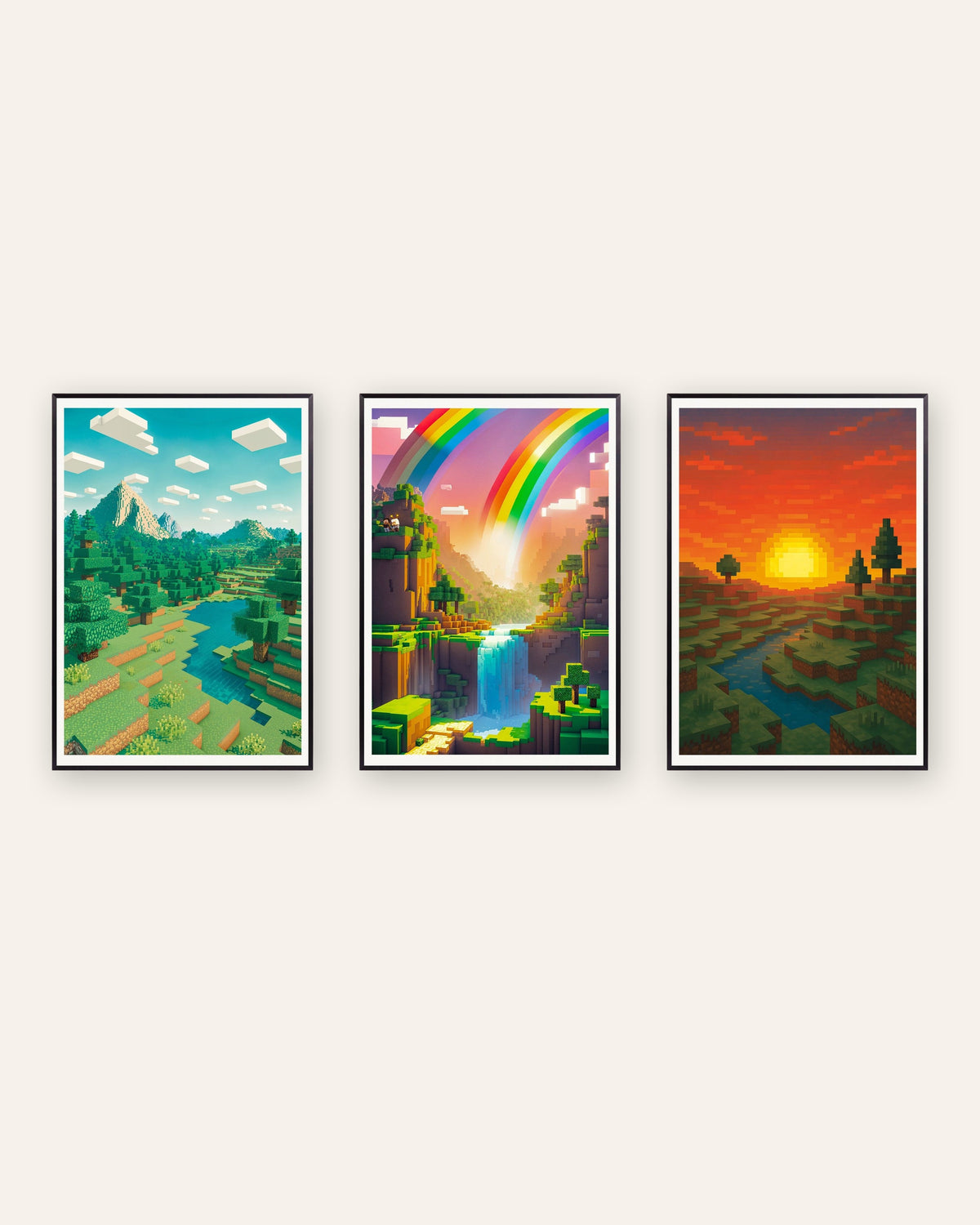 Pixel art landschapsposters, set van 3: berg, regenboogvallei en zonsondergang, in zwarte metalen lijsten