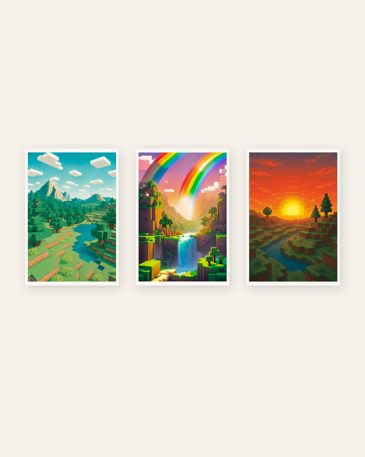 Pixel art landschapsposters, set van 3: berg, regenboogvallei en zonsondergang, zonder lijst
