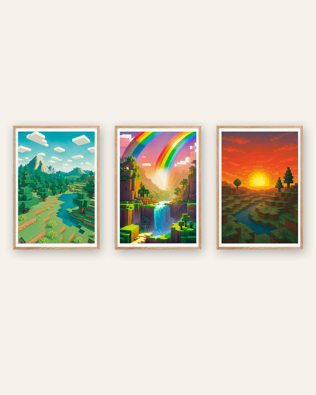 Pixel art landschapsposters, set van 3: berg, regenboogvallei en zonsondergang, in naturel eikenhouten lijsten