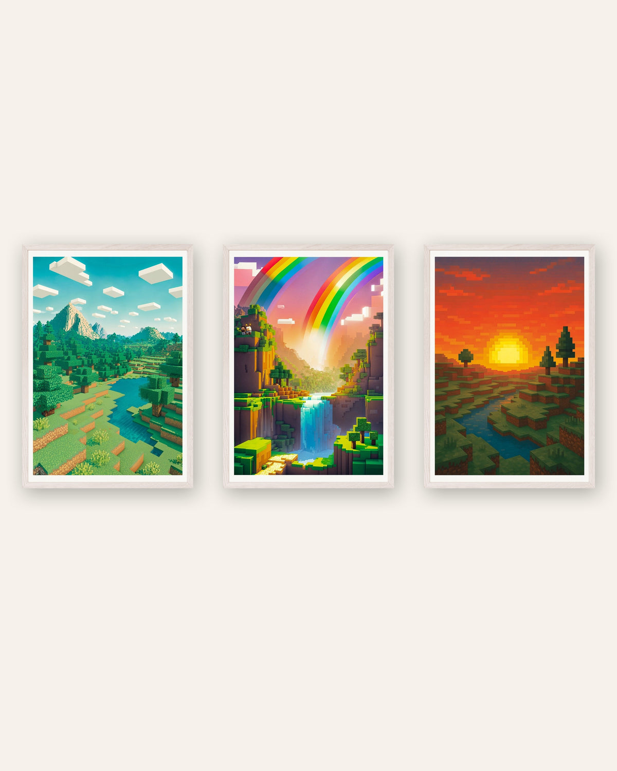 Pixel art landschapsposters, set van 3: berg, regenboogvallei en zonsondergang, in witte eikenhouten lijsten