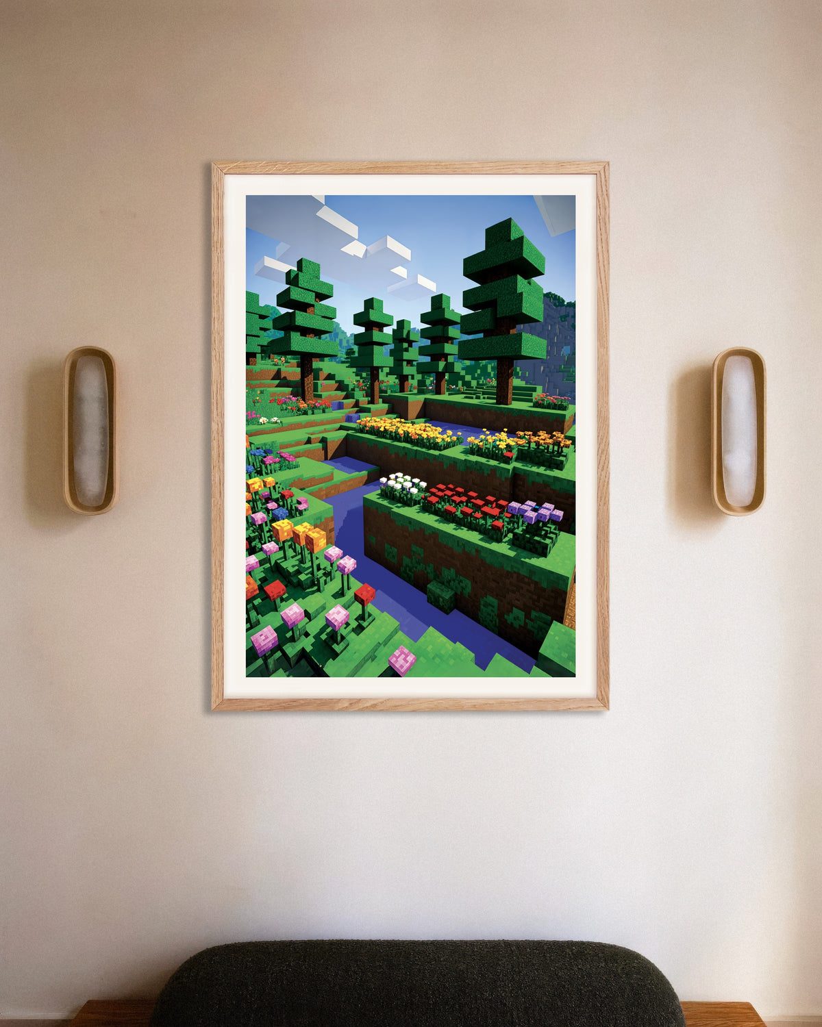 Poster van Pixelbloemen, botanische poster, met naturel houten lijst