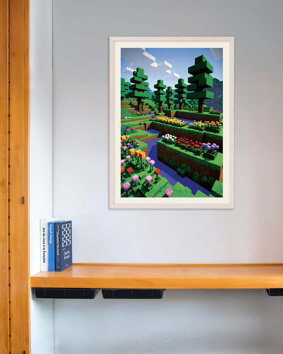Poster van Pixelbloemen, botanische poster, met witte houten lijst