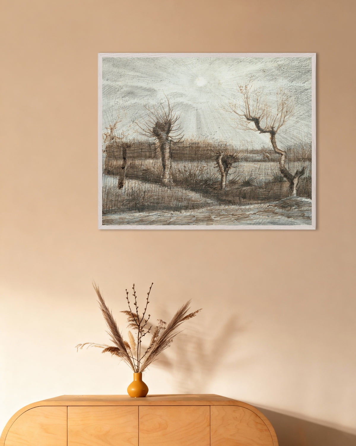 Poster van Pollardwilgen (1884) van Vincent van Gogh, met witte houten lijst
