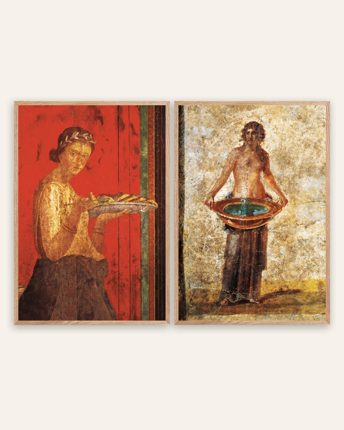 Pompeii fresco posters, set van 2: lauwerkrans en waterbekken, in naturel eikenhouten lijsten