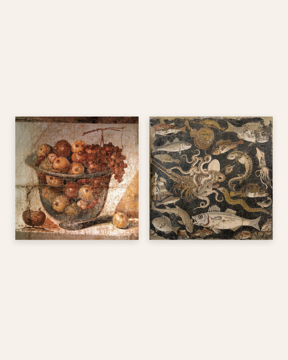 Pompeii keukenposters, set van 2: fruitschaal en vismozaïek, zonder lijst