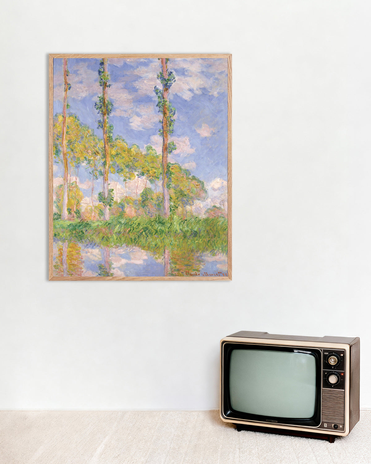 Poster Populieren in de zon (1891) van Claude Monet met naturel houten lijst