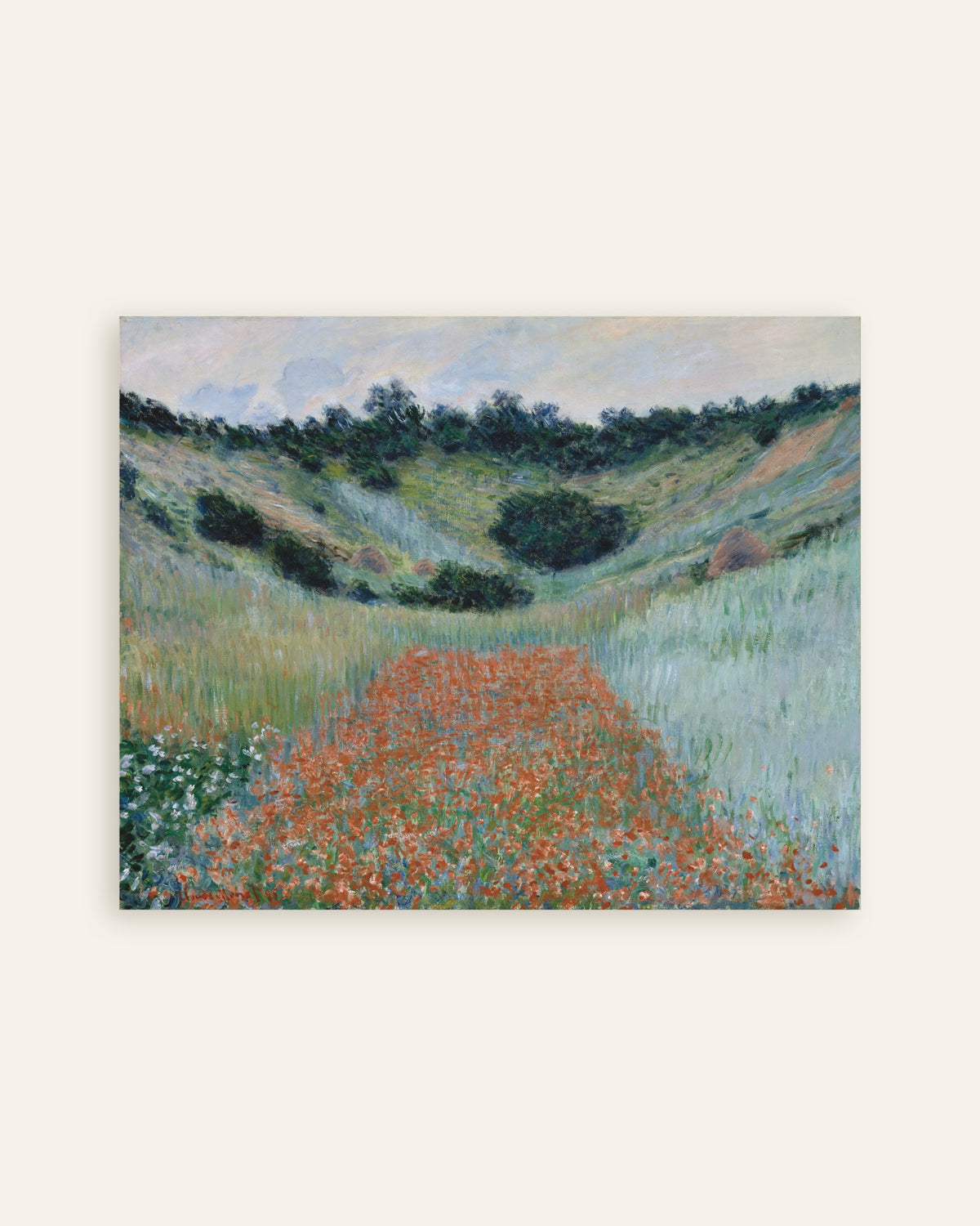 Poster Klaprozenveld in een dal bij Giverny (1885) van Claude Monet, miniatuur