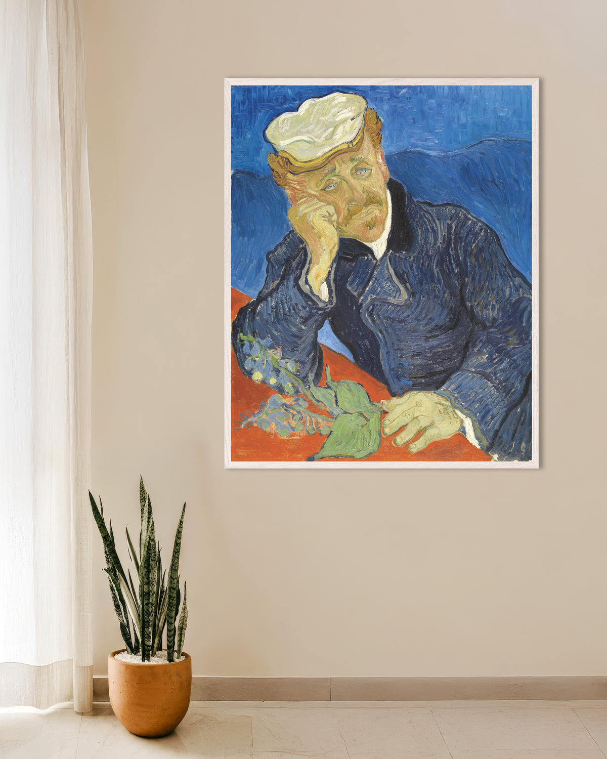 Poster van Portret van Dr. Paul Gachet (1890) van Vincent van Gogh, met witte houten lijst