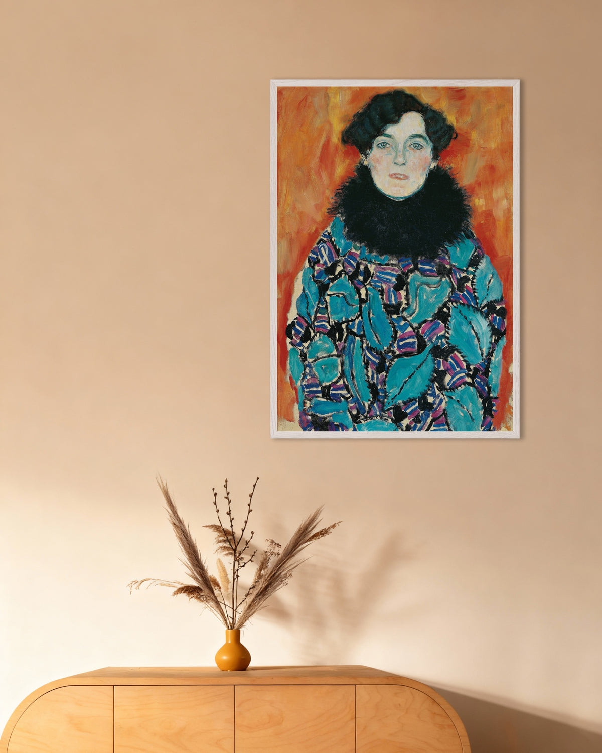 Poster Portret van Johanna Staude (1917) van Gustav Klimt met witte houten lijst