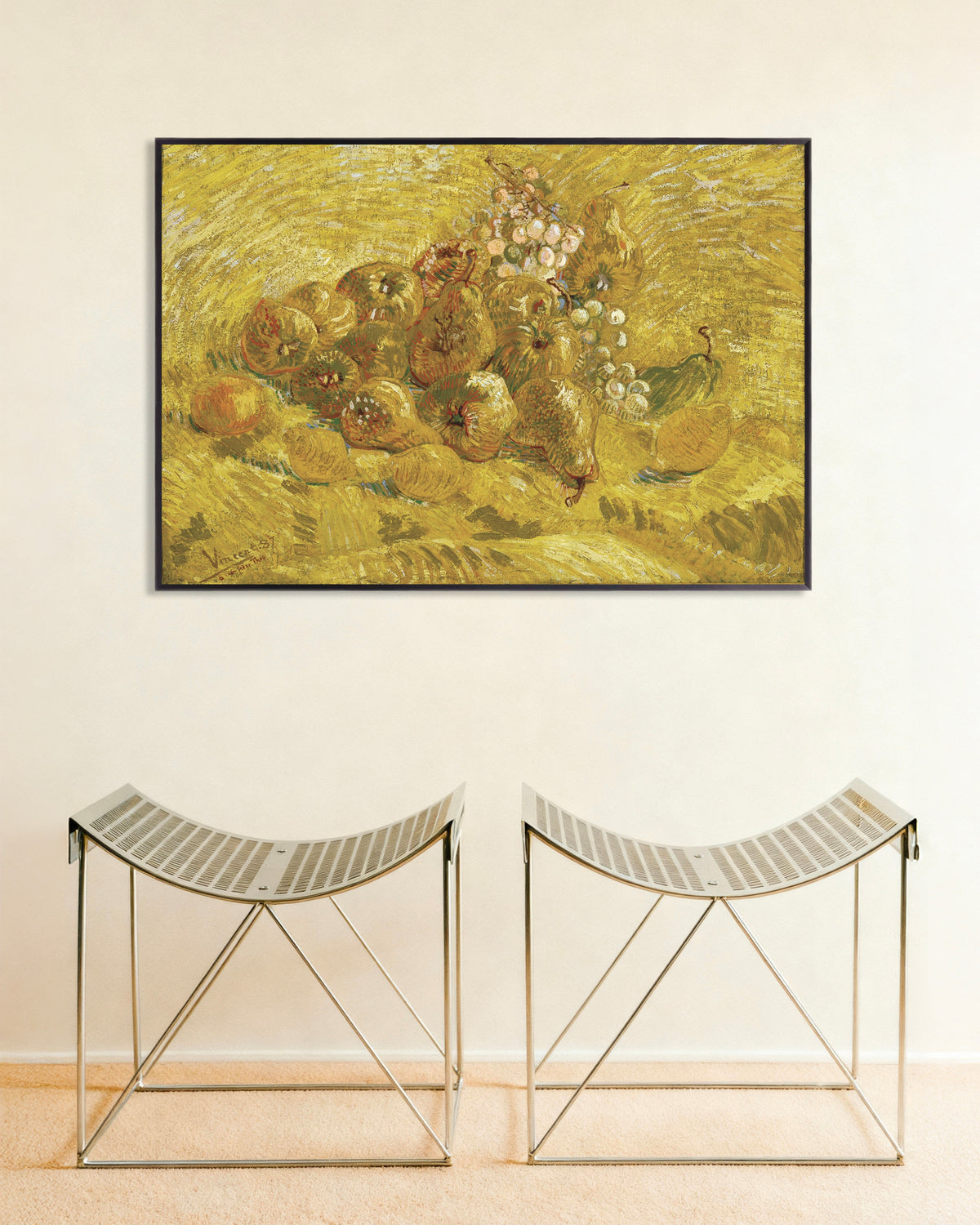 Poster van Kweeperen, citroenen, peren en druiven (1887) van Vincent van Gogh, met metalen lijst