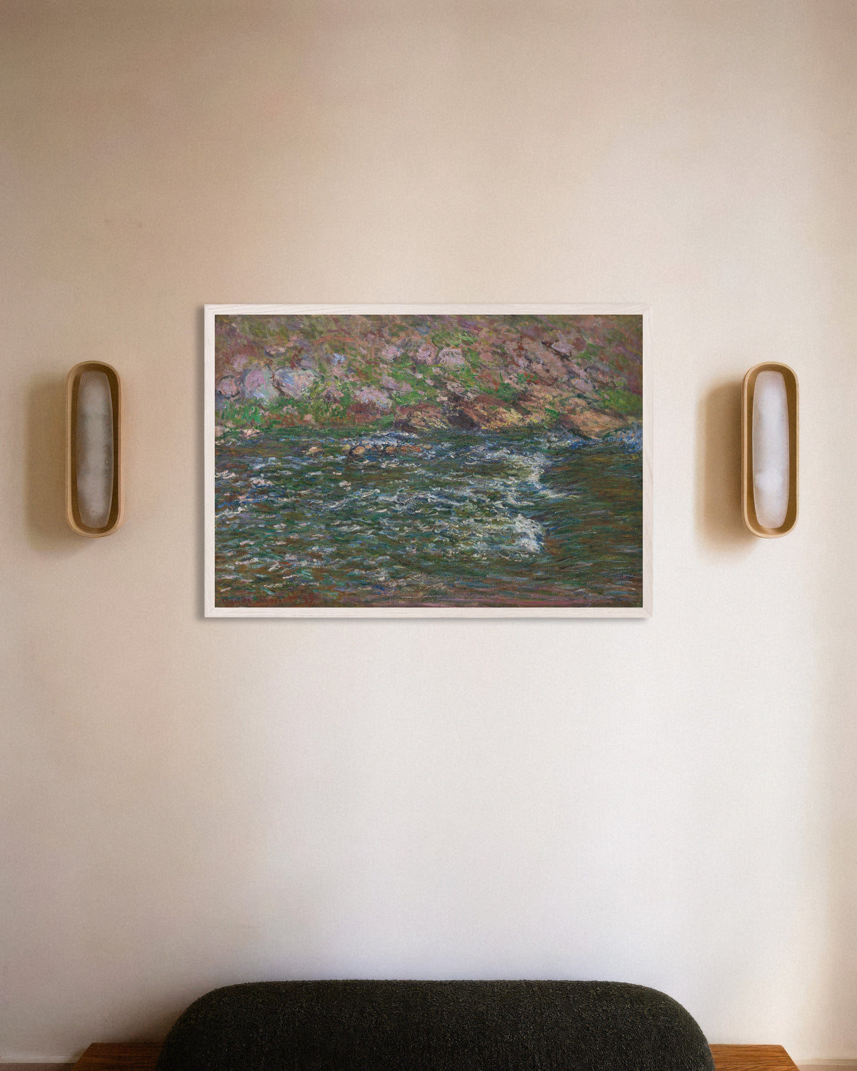 Poster Stroomversnellingen op de Petite Creuse bij Fresselines (1889) van Claude Monet met witte houten lijst